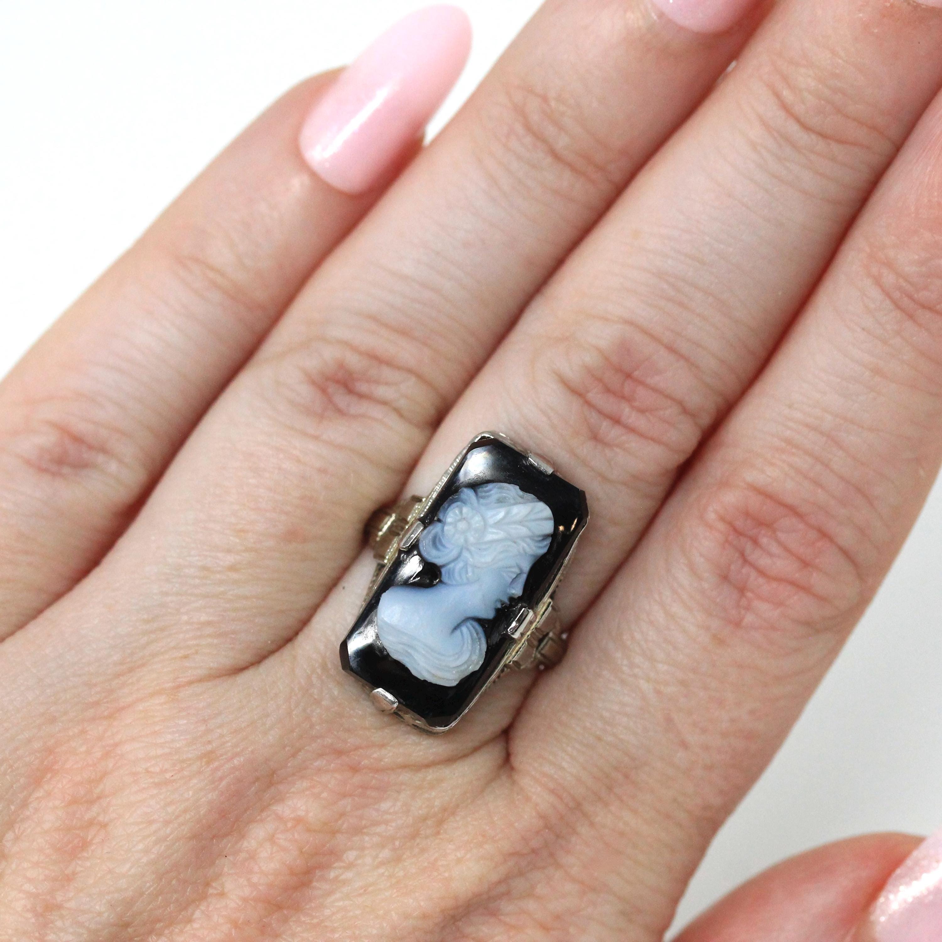 Vintage Cameo Ring - Art Deco 14k White Gold Genuine Carved Black & White Onyx Gemstone - Circa 1930s Era Statement Woman's Profile Jewelry