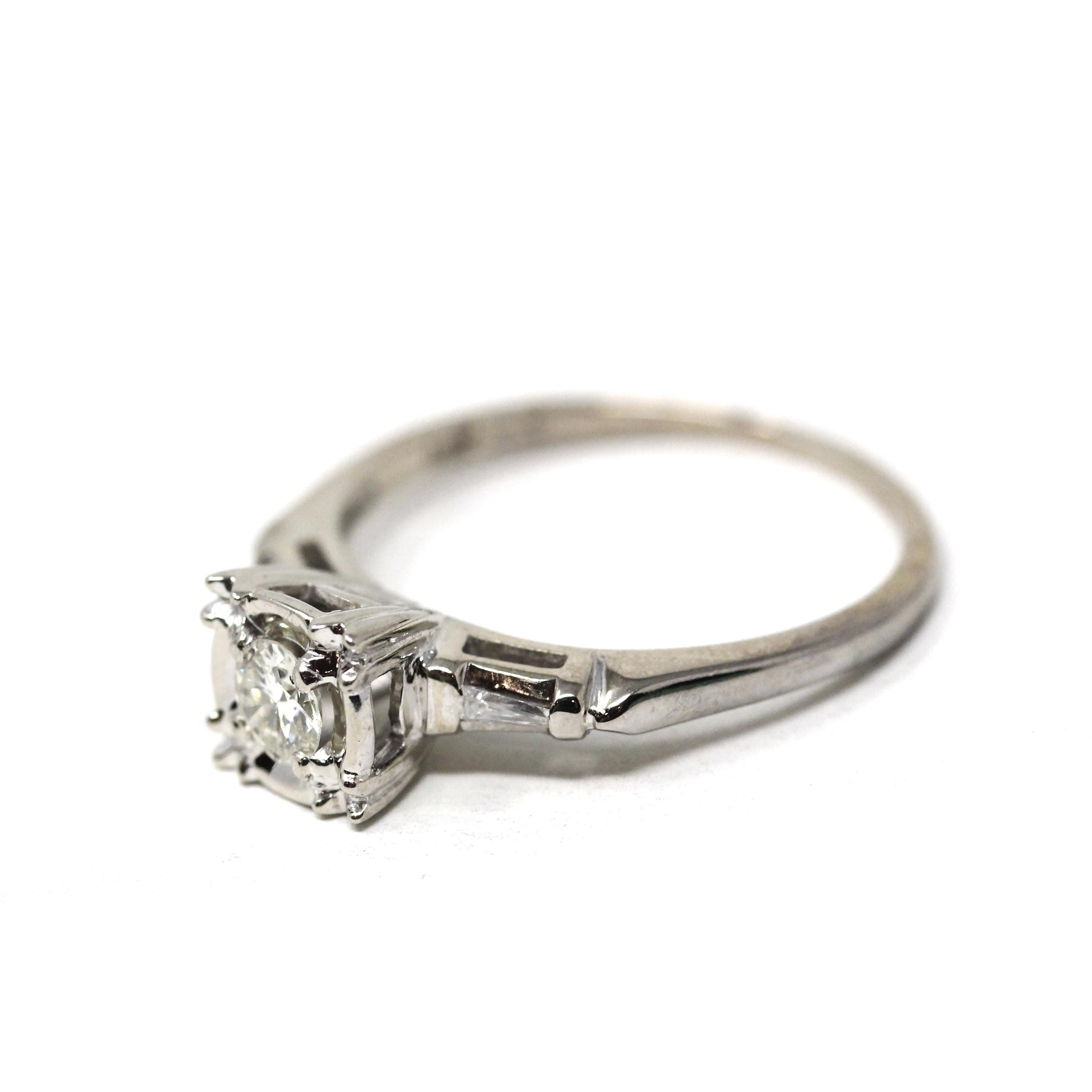 Mid Century Engagement Ring - Vintage 14k White Gold Natural Diamond Illusion Head Solitaire - Circa 1950s Era Tapered Baguette Fine Jewelry
