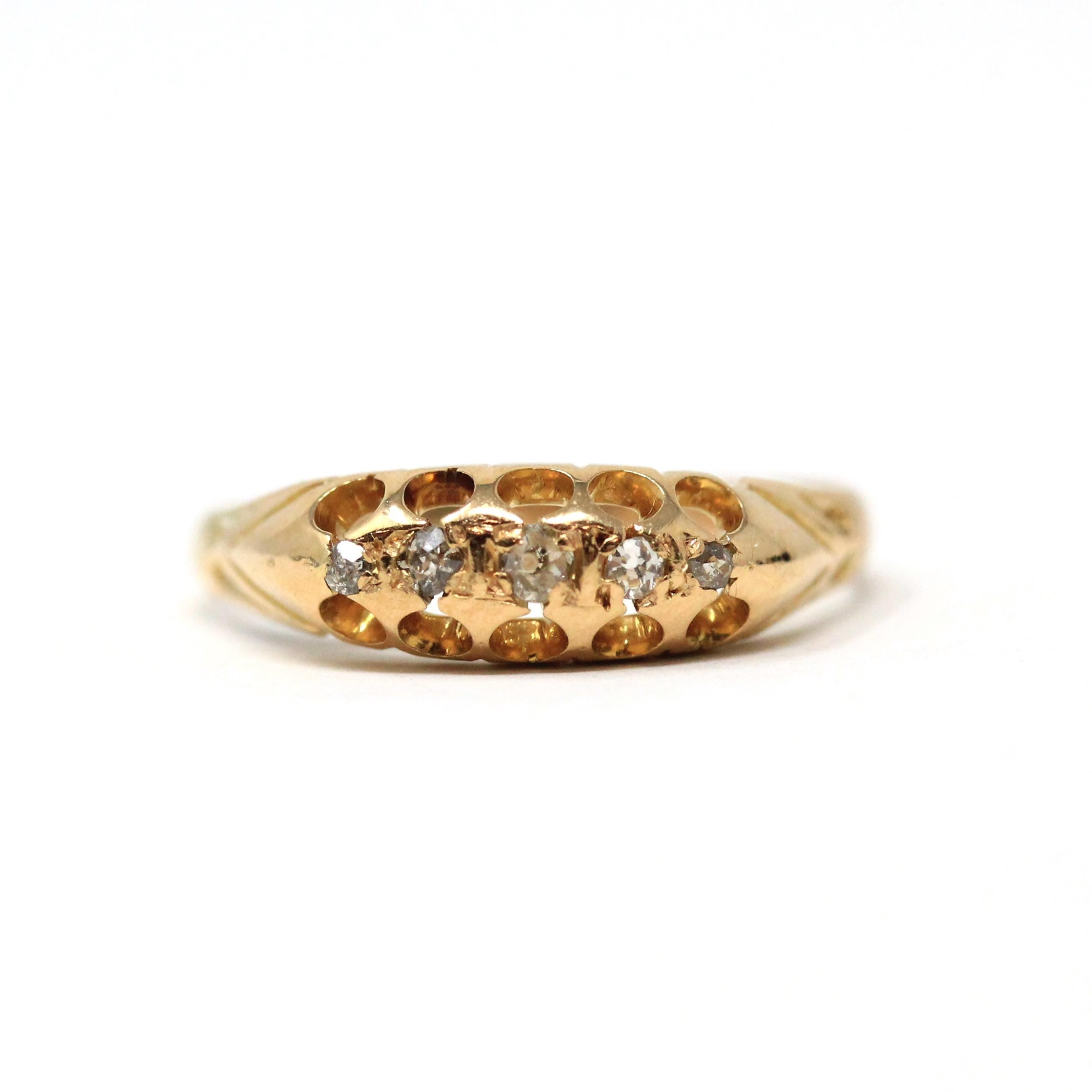 Antique Diamond Band - Edwardian 18k Yellow Gold Natural Gemstones Ring - Vintage Early 1900s Chester England Size 5 3/4 Fine Bridal Jewelry
