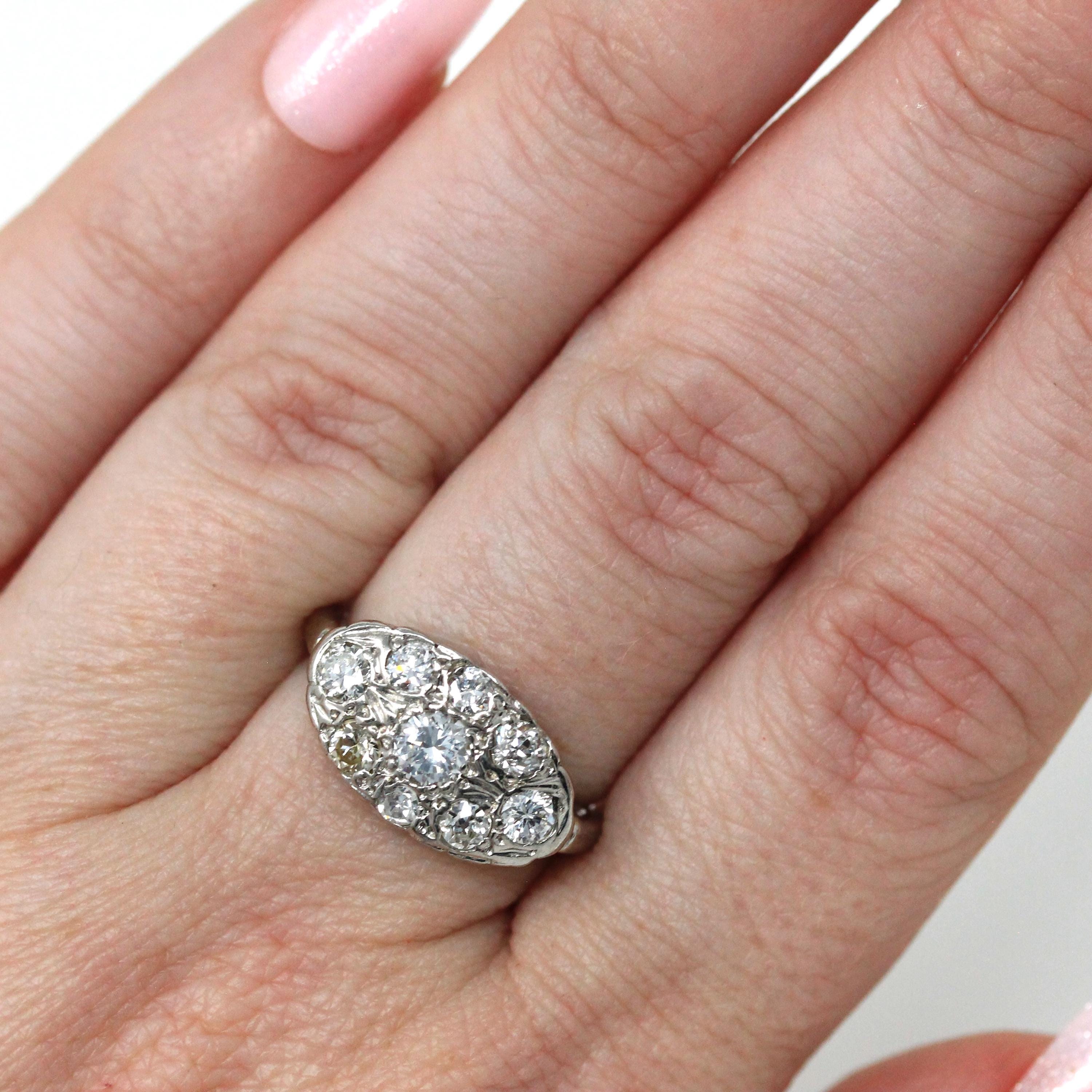 Mid Century Diamond Cluster Ring - 14k White Gold East West Princess Anniversary Statement - Vintage 1940s Cocktail Natural Gem Fine Jewelry