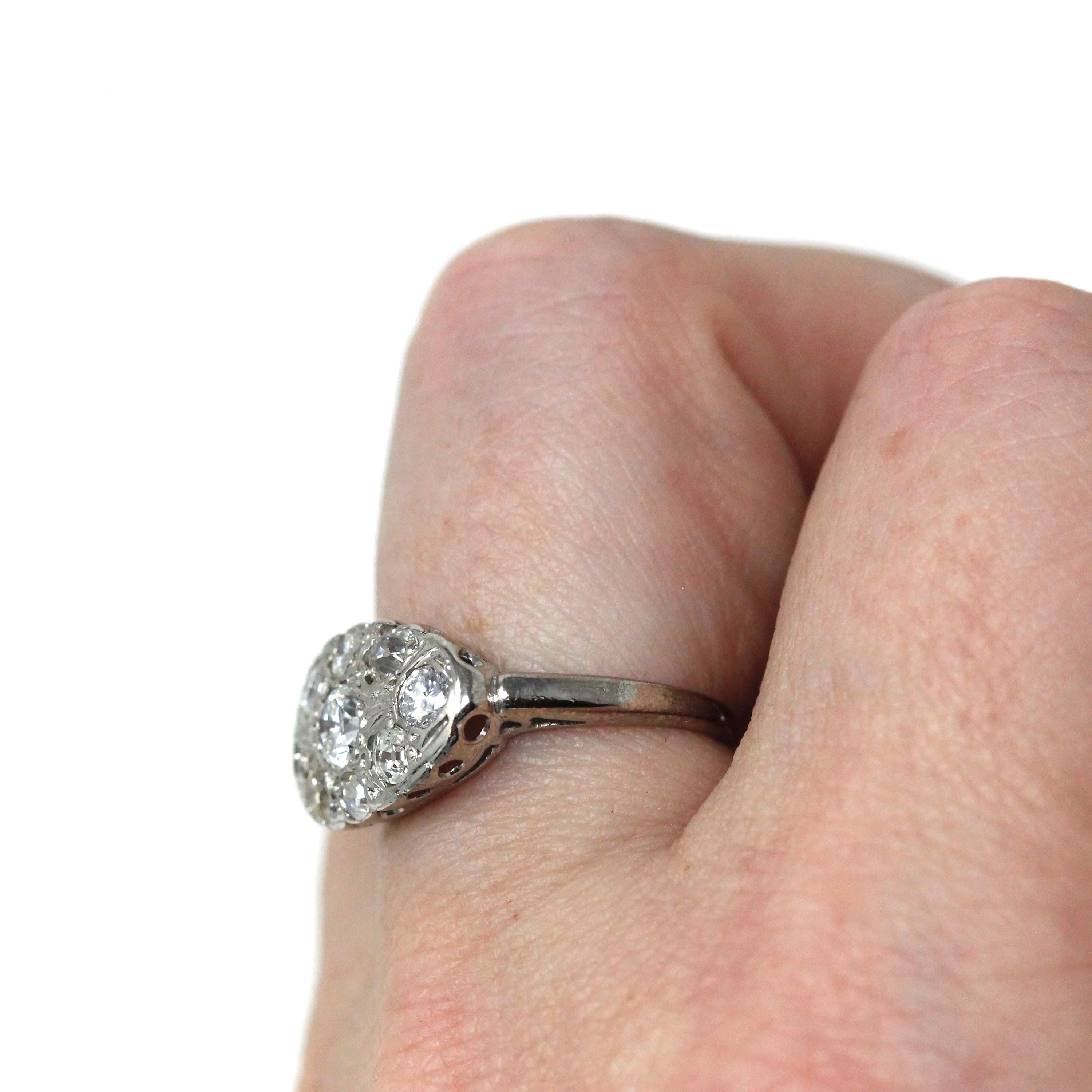 Mid Century Diamond Cluster Ring - 14k White Gold East West Princess Anniversary Statement - Vintage 1940s Cocktail Natural Gem Fine Jewelry