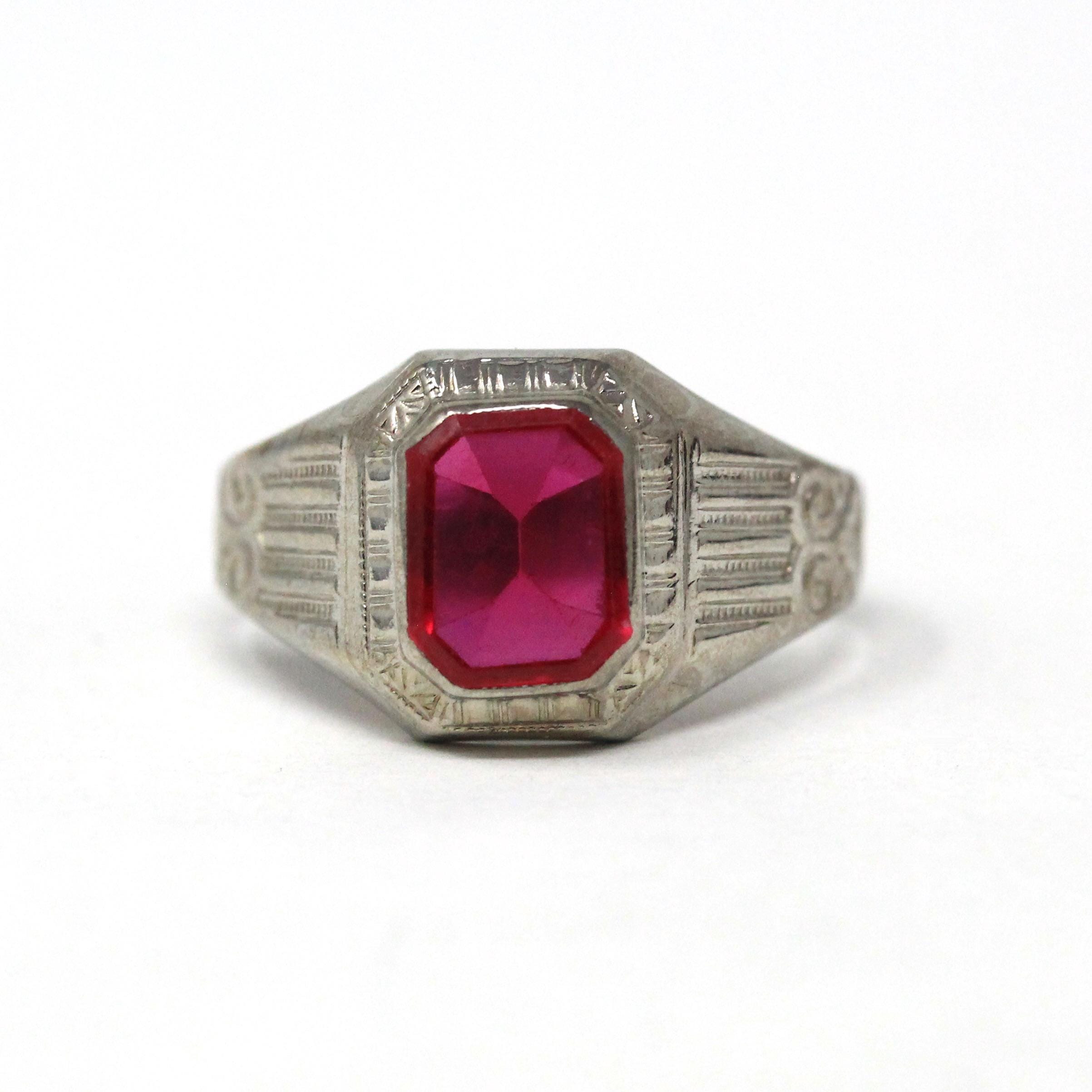 Ostby & Barton Ring - Art Deco 10k White Gold Created Red Ruby Men's Unisex Statement - Circa 1930s Size 7 1/2 July Birthstone Fine Jewelry