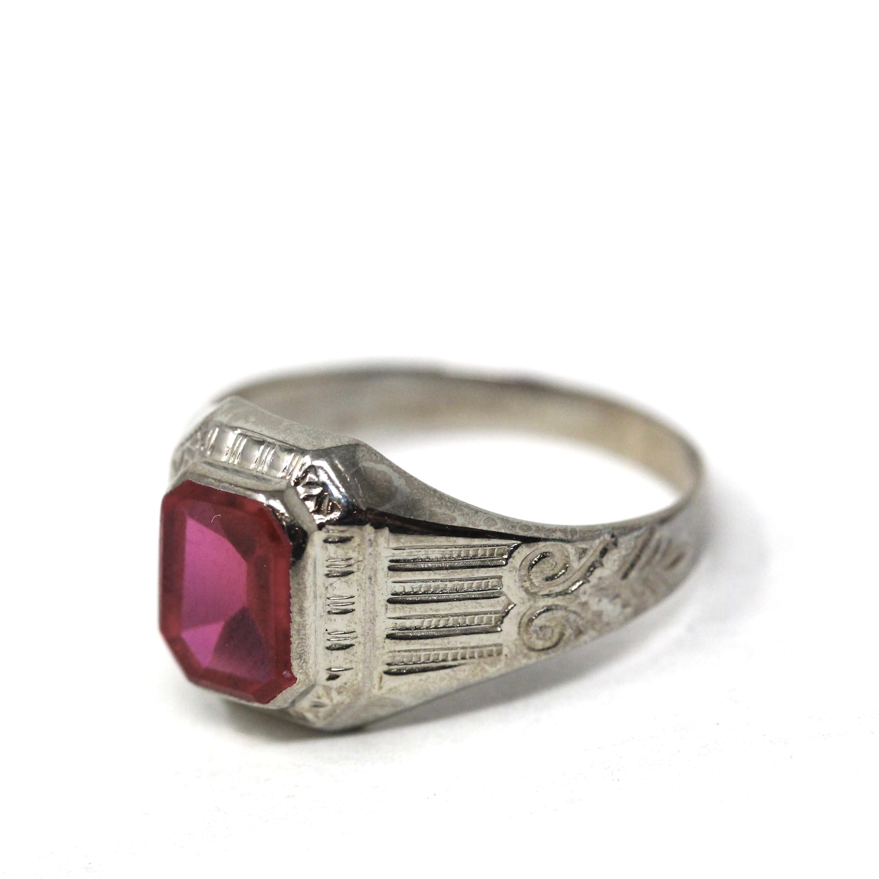Ostby & Barton Ring - Art Deco 10k White Gold Created Red Ruby Men's Unisex Statement - Circa 1930s Size 7 1/2 July Birthstone Fine Jewelry
