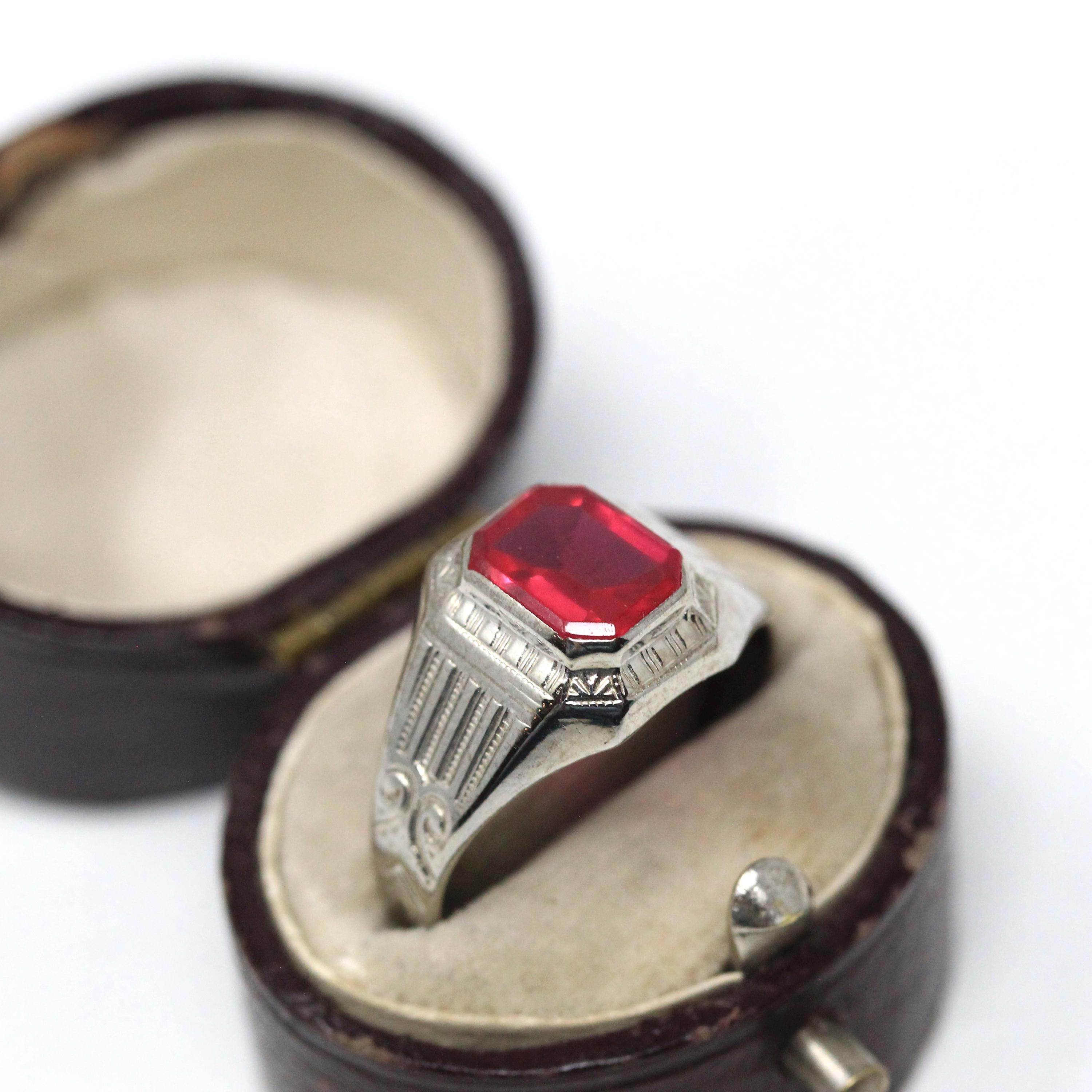 Ostby & Barton Ring - Art Deco 10k White Gold Created Red Ruby Men's Unisex Statement - Circa 1930s Size 7 1/2 July Birthstone Fine Jewelry
