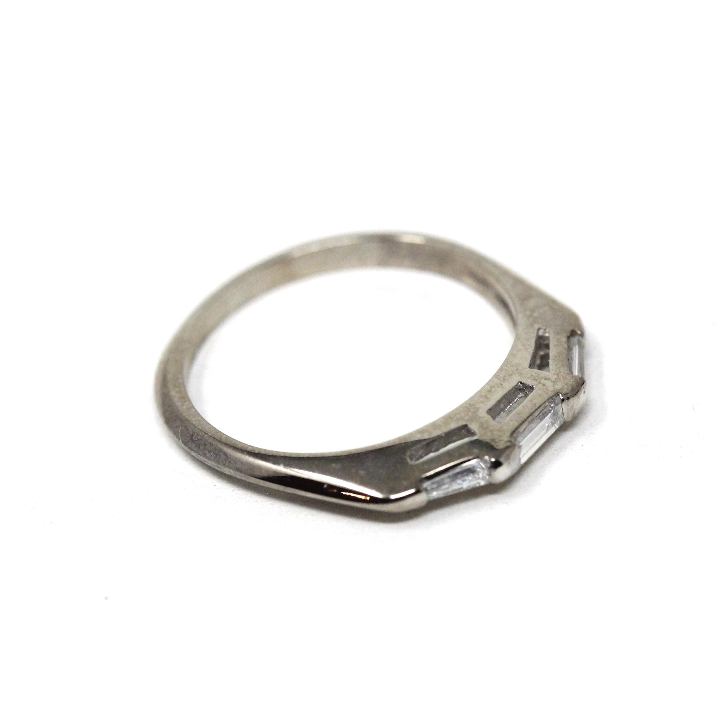 Diamond Wedding Band - Mid Century Era 14k White Gold Natural Baguette Gemstone Ring - Circa 1960s Size 4 3/4 Fine Bridal Stacking Jewelry