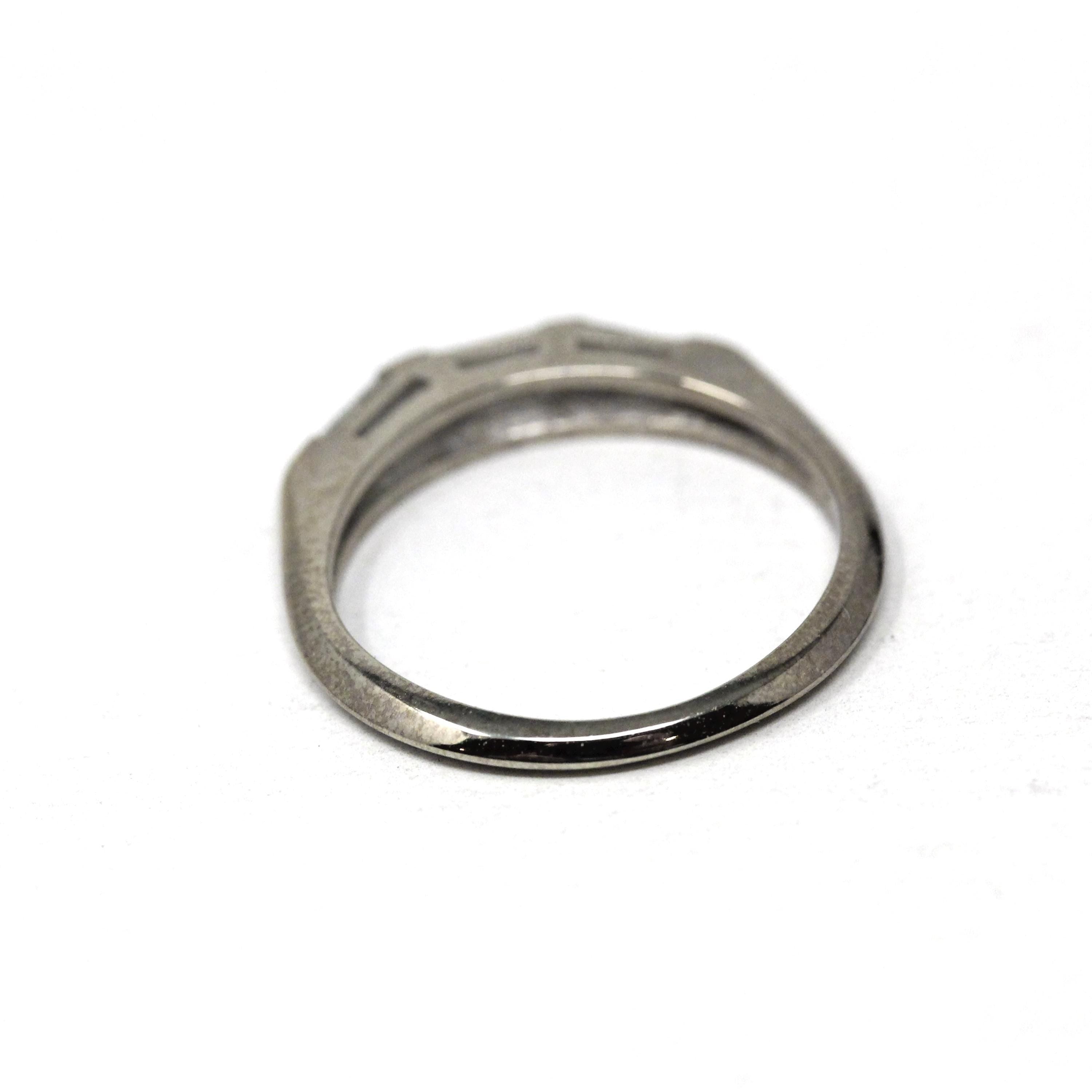 Diamond Wedding Band - Mid Century Era 14k White Gold Natural Baguette Gemstone Ring - Circa 1960s Size 4 3/4 Fine Bridal Stacking Jewelry