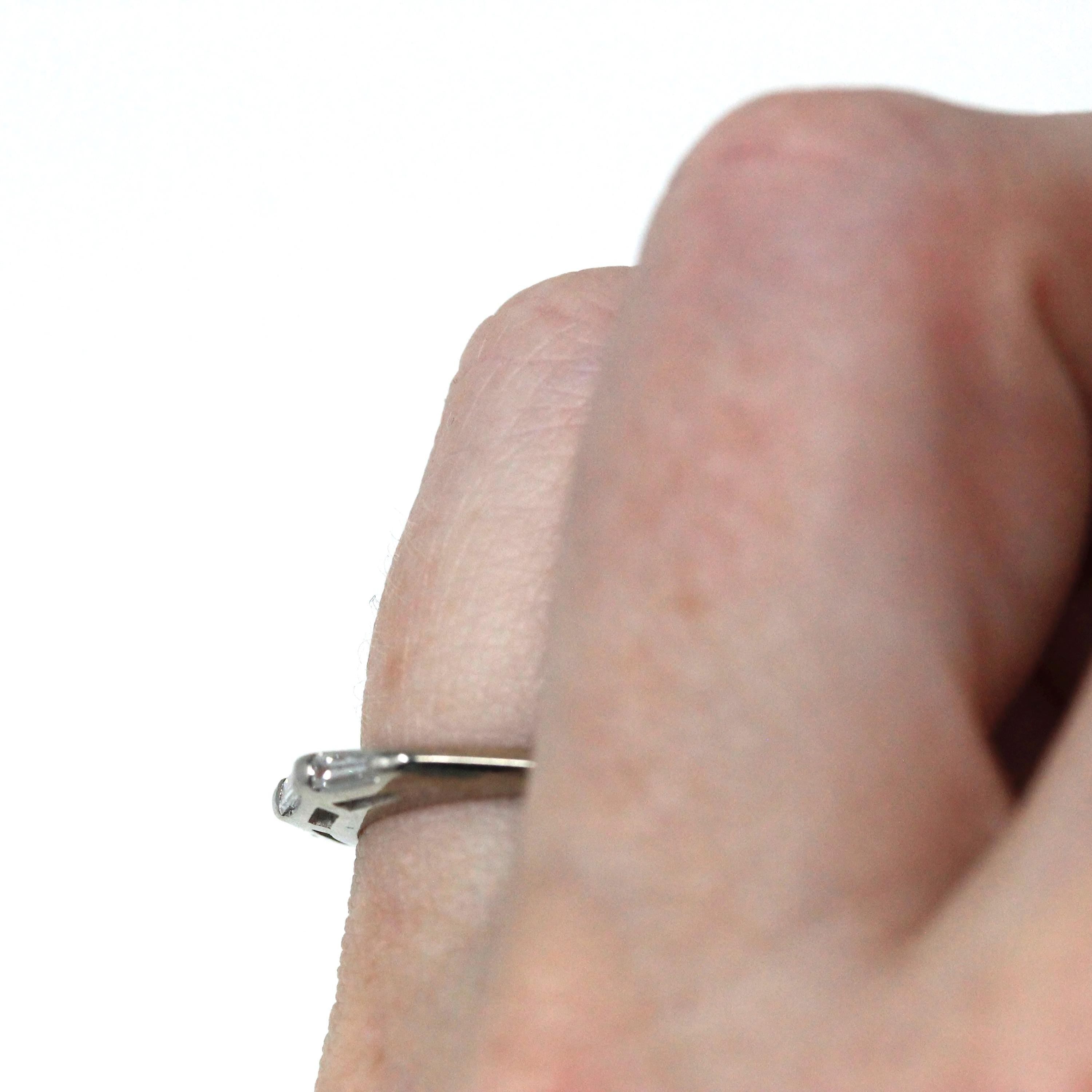 Diamond Wedding Band - Mid Century Era 14k White Gold Natural Baguette Gemstone Ring - Circa 1960s Size 4 3/4 Fine Bridal Stacking Jewelry