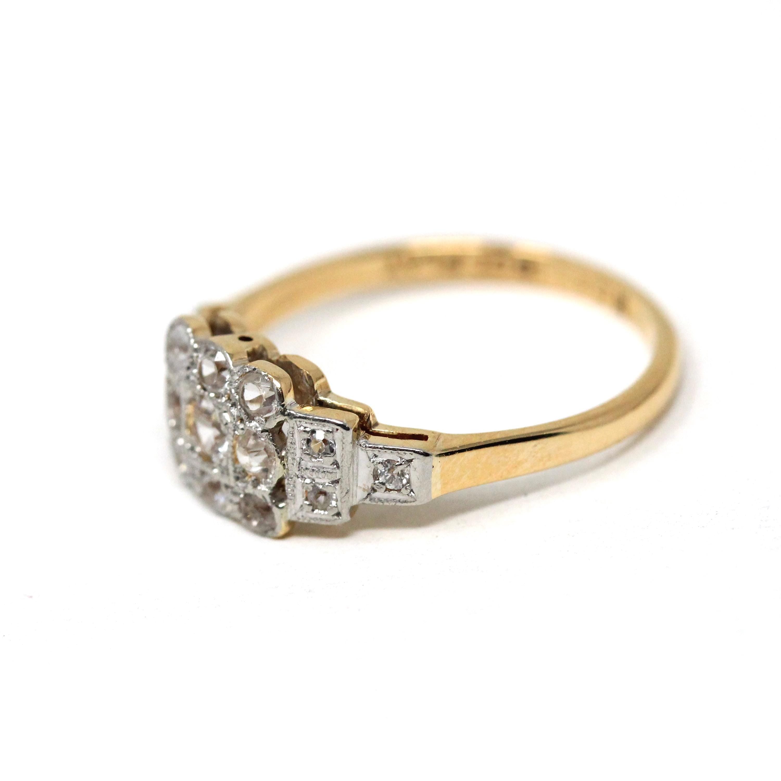 Vintage Cluster Ring - 18k Yellow Gold & Platinum Zircon, Sapphire, Created Spinel White Gemstones - Circa 1940s Era Size 5.5 Fine Jewelry