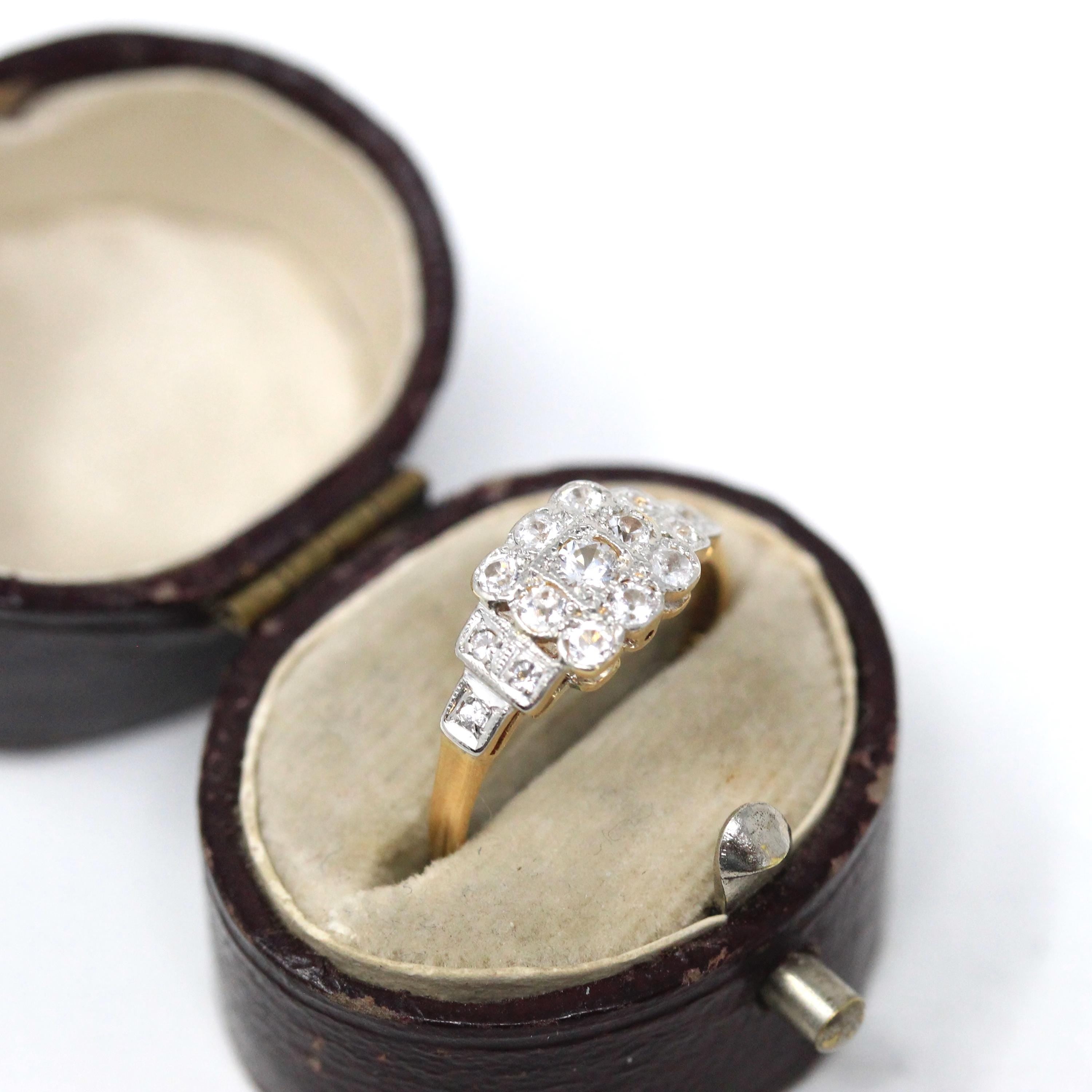 Vintage Cluster Ring - 18k Yellow Gold & Platinum Zircon, Sapphire, Created Spinel White Gemstones - Circa 1940s Era Size 5.5 Fine Jewelry