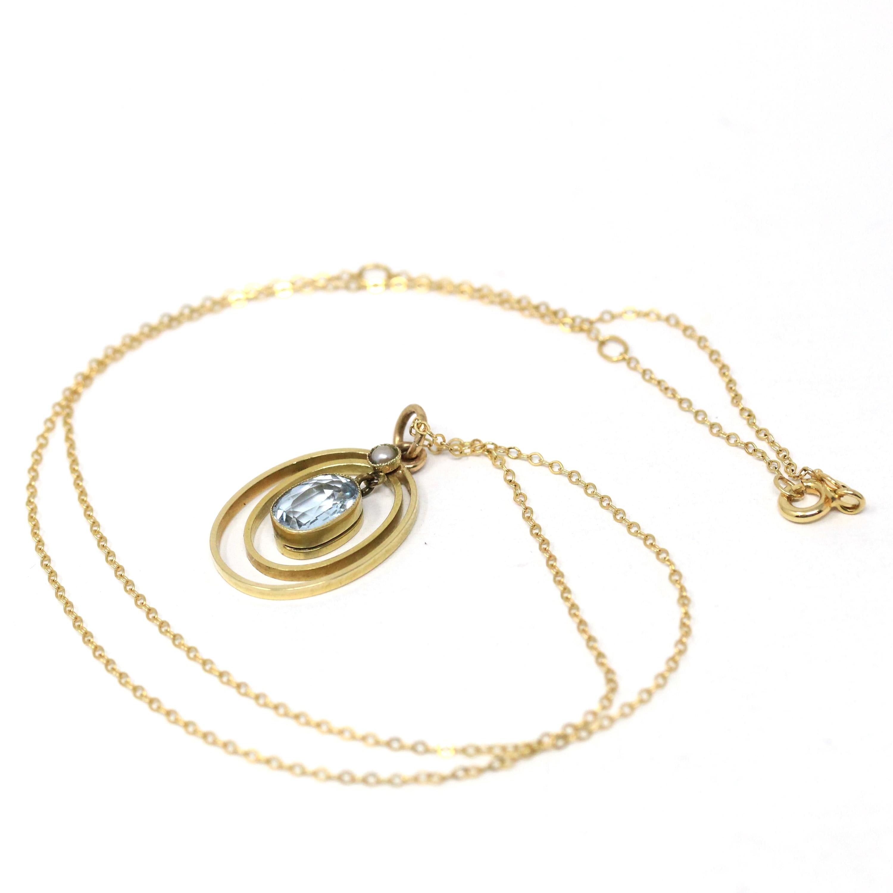 Antique Aquamarine Necklace - Edwardian 14k Yellow Gold Blue .80 CT Gem Oval Pendant - Circa 1910s Era Seed Pearl Fine Statement Jewelry