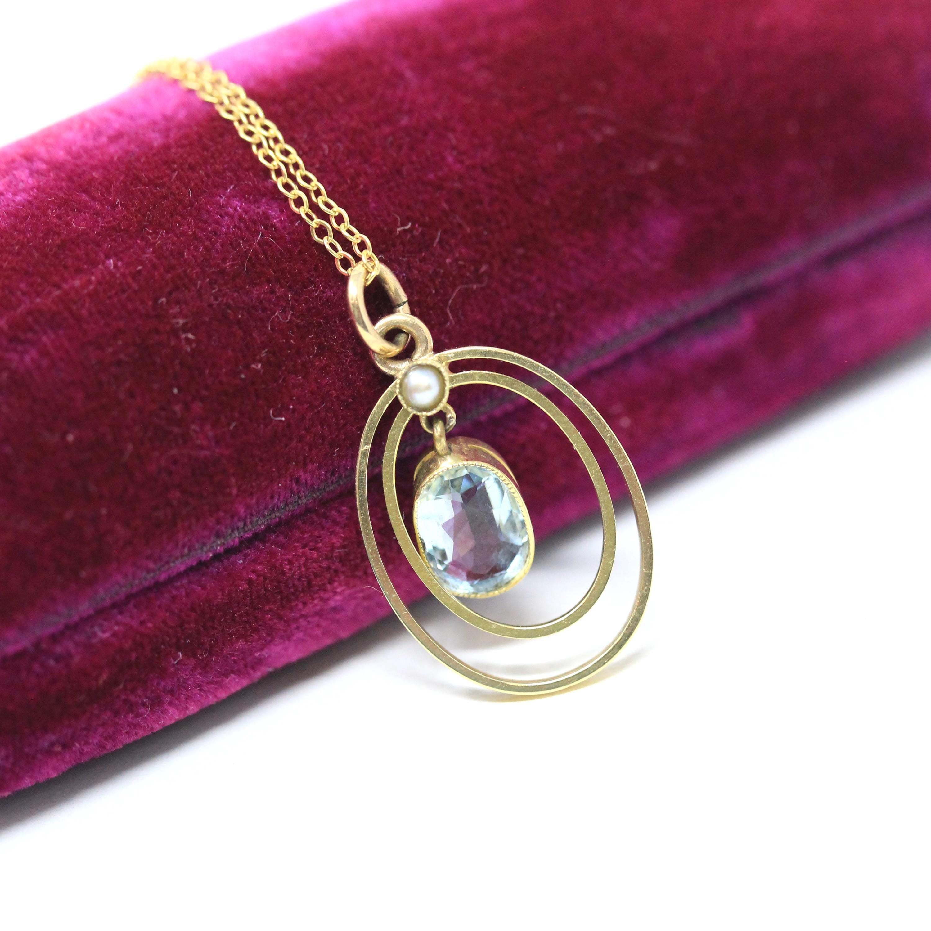 Antique Aquamarine Necklace - Edwardian 14k Yellow Gold Blue .80 CT Gem Oval Pendant - Circa 1910s Era Seed Pearl Fine Statement Jewelry