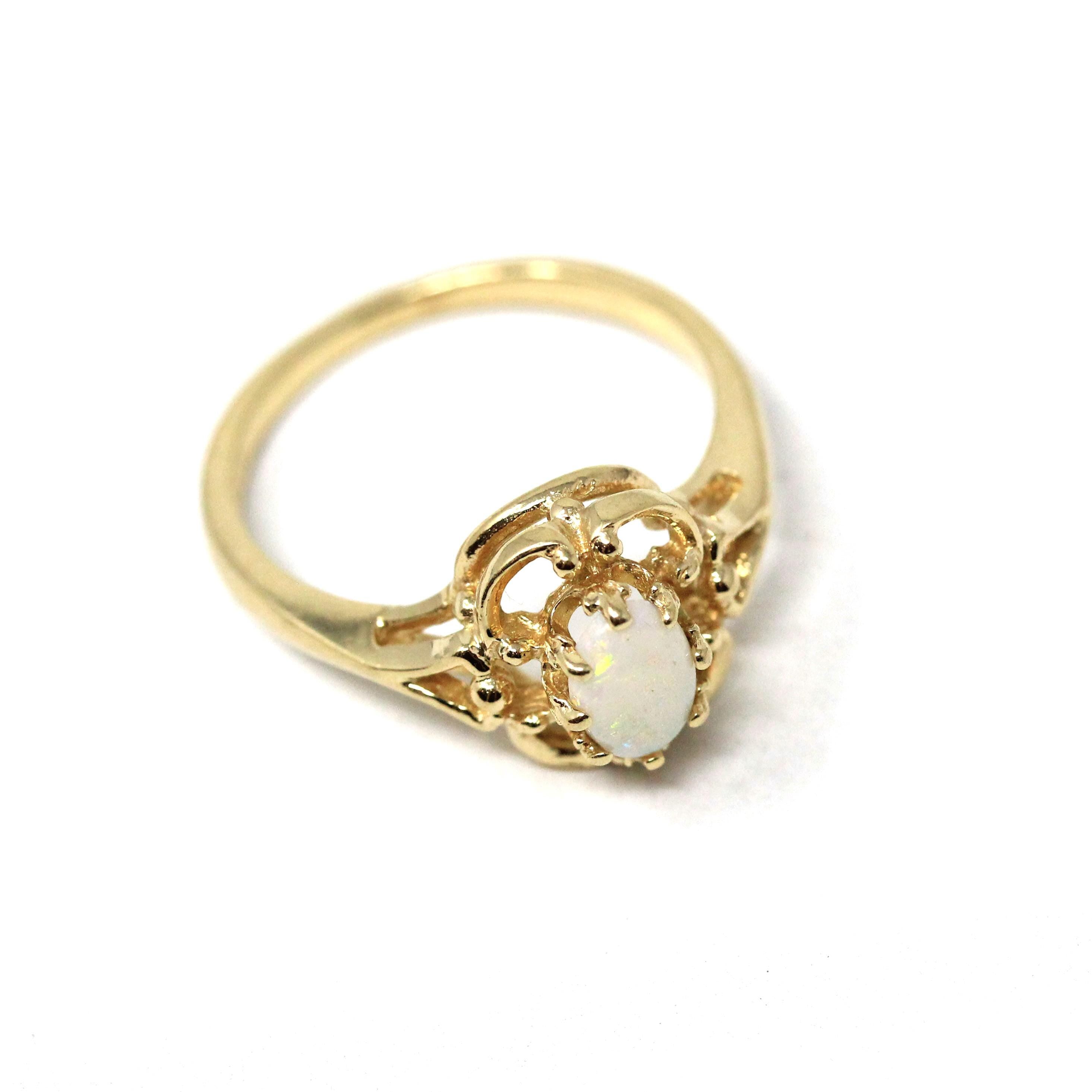 Vintage Opal Ring - Retro 10k Yellow Gold Oval Cabochon Natural Gemstone - Circa 1970s Era Size 6 October Birthstone Open Metal Fine Jewelry