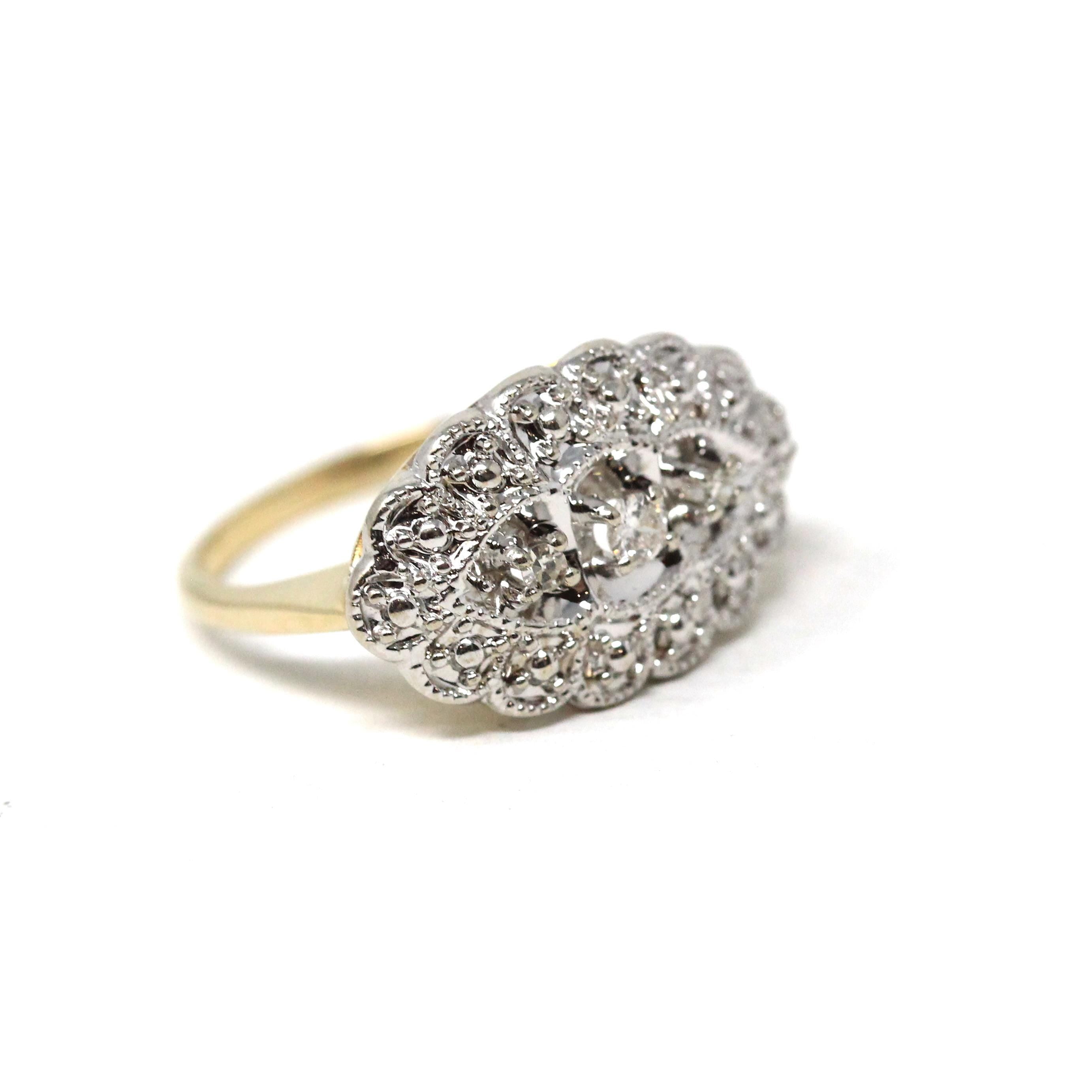 Mid Century Princess Ring - Vintage 14k Yellow White Gold Natural Diamond Two Tone Three Stone - Circa 1950 Size 5 1/4 Illusion Fine Jewelry