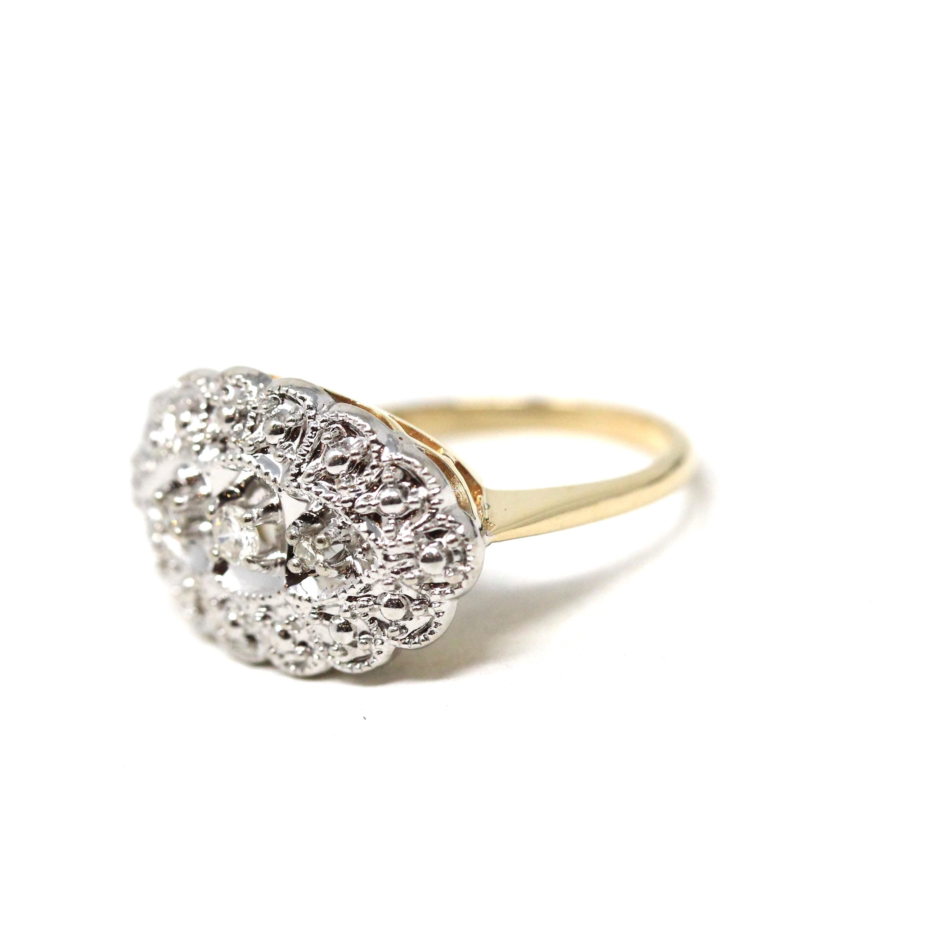 Mid Century Princess Ring - Vintage 14k Yellow White Gold Natural Diamond Two Tone Three Stone - Circa 1950 Size 5 1/4 Illusion Fine Jewelry