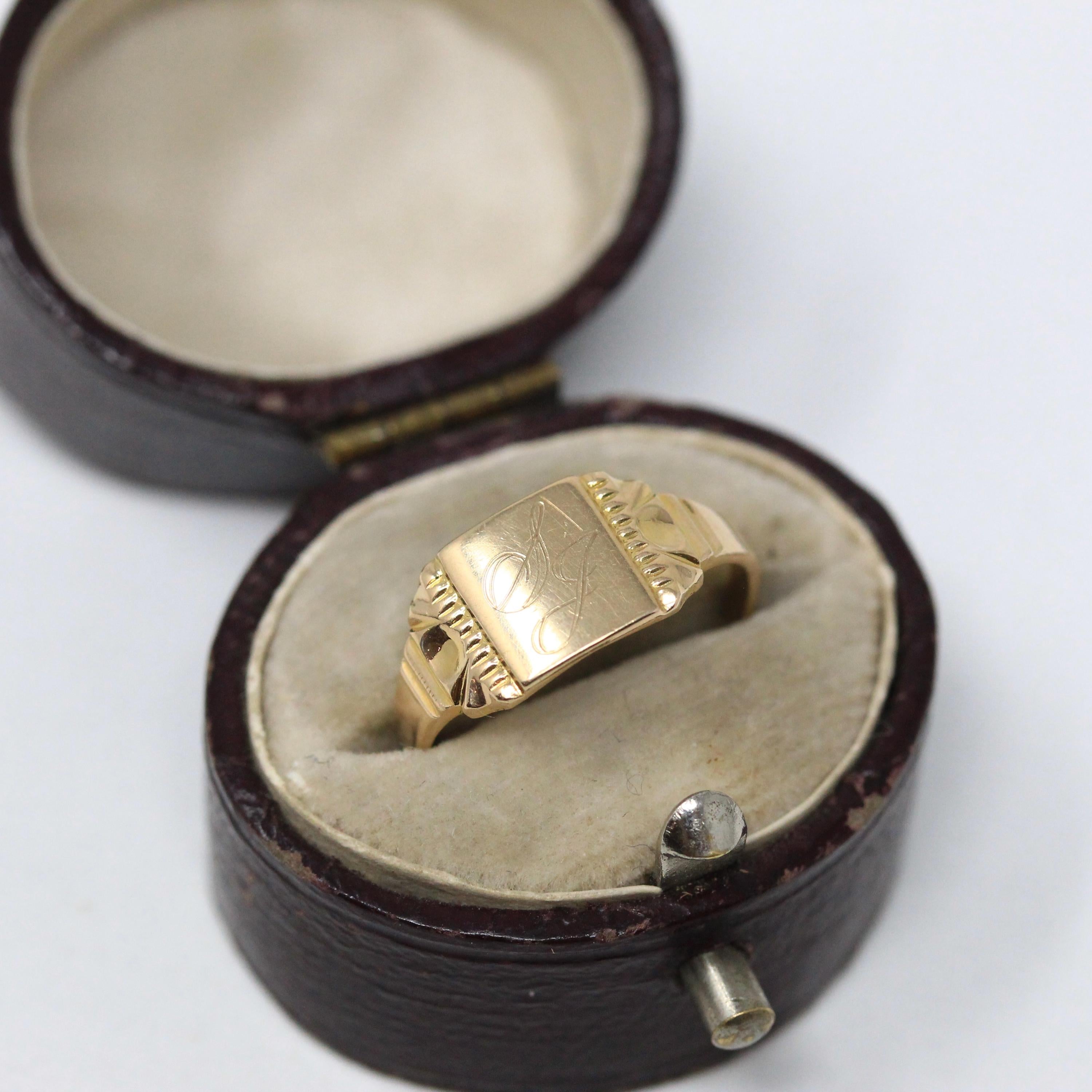 Vintage "SJ" Signet Ring - Mid Century 10k Yellow Gold Engraved Initials Script Letters - Circa 1940s Era Size 4 1/4 Petite BDA Fine Jewelry