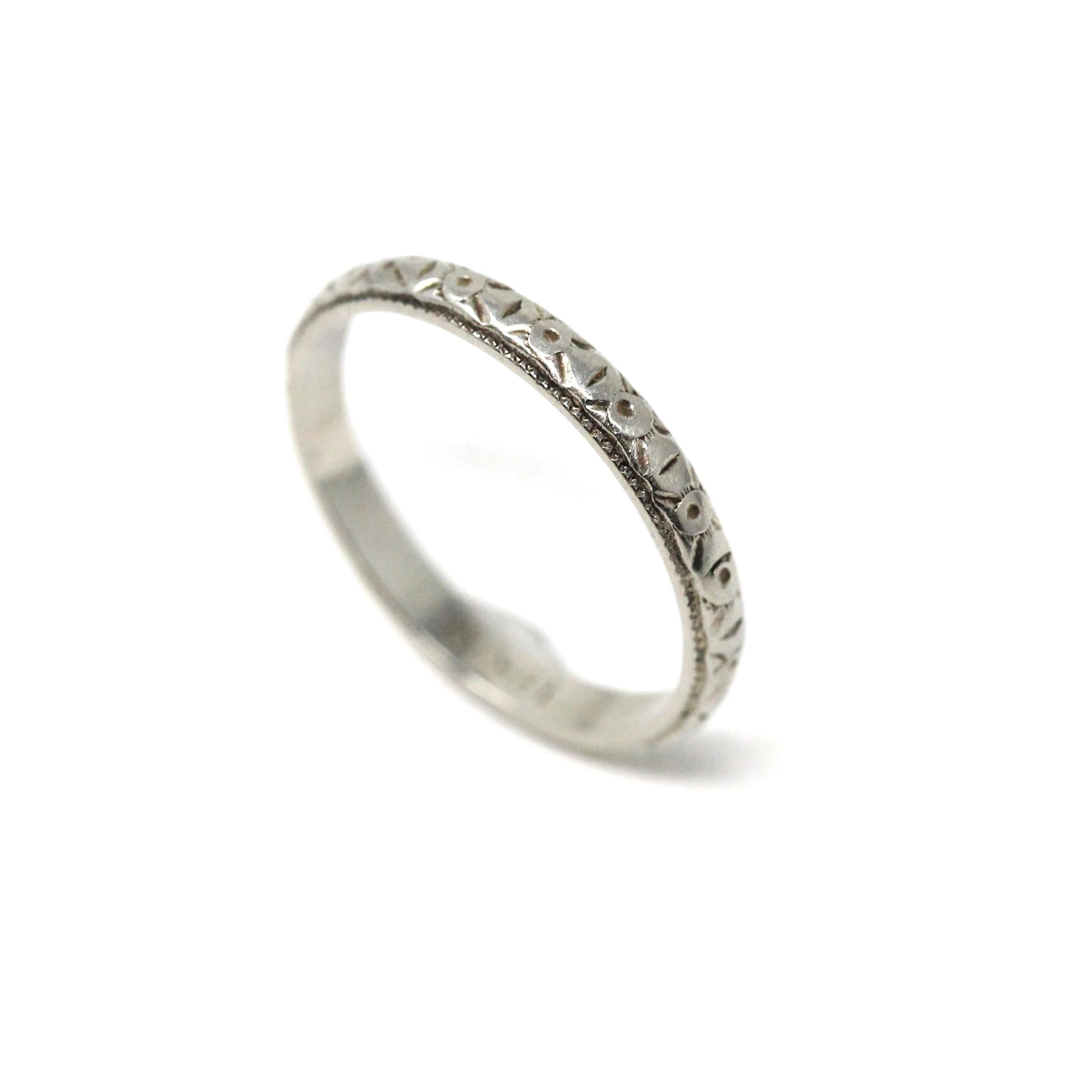 Antique Wedding Band - Art Deco Era 18k White Gold Eternity Design Ring - Vintage Circa 1930s Size 5 1/4 Stacking Bridal Fine Unisex Jewelry