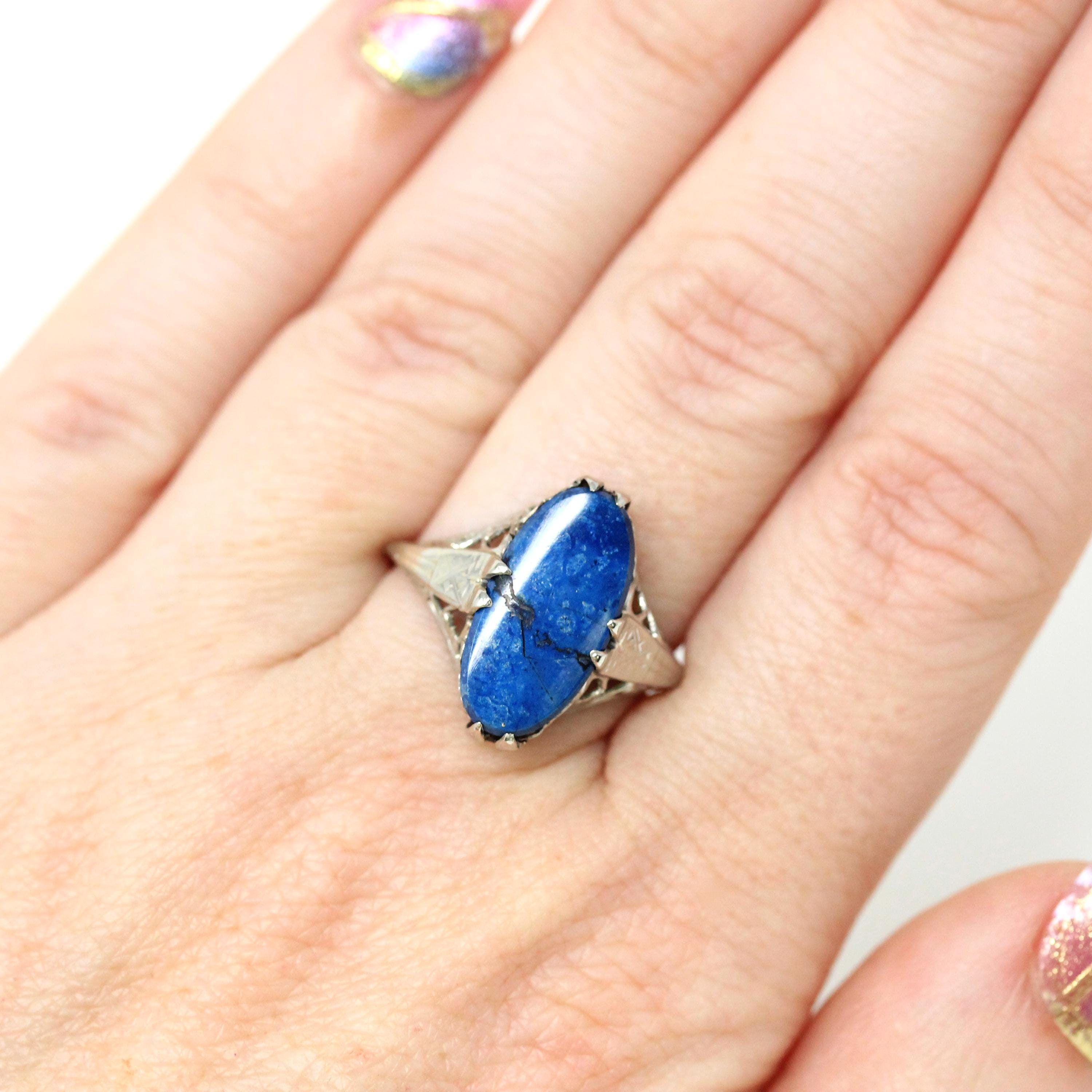 Antique Blue Jasper Ring - Art Deco 14k White Gold Natural Gemstone Statement - Vintage Circa 1920s Era Size 6 1/4 Filigree Fine 20s Jewelry