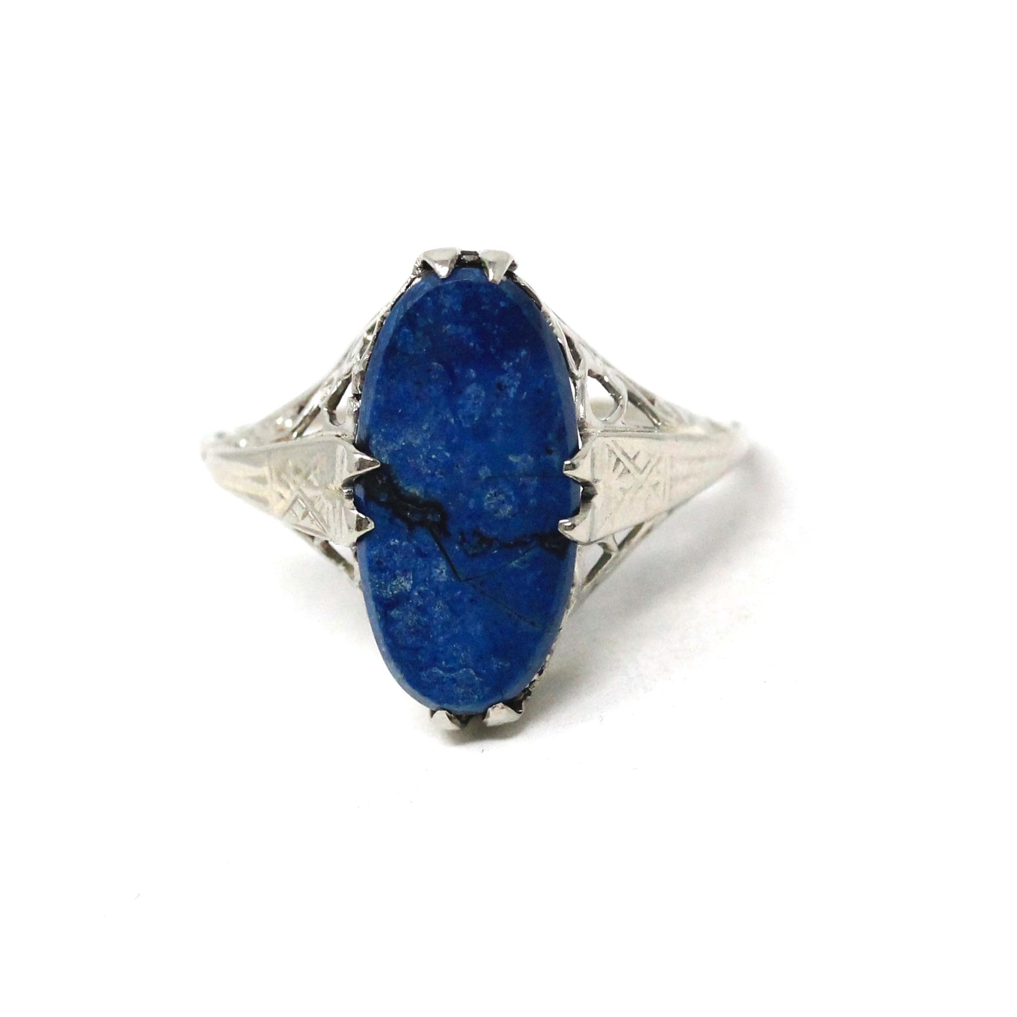 Antique Blue Jasper Ring - Art Deco 14k White Gold Natural Gemstone Statement - Vintage Circa 1920s Era Size 6 1/4 Filigree Fine 20s Jewelry