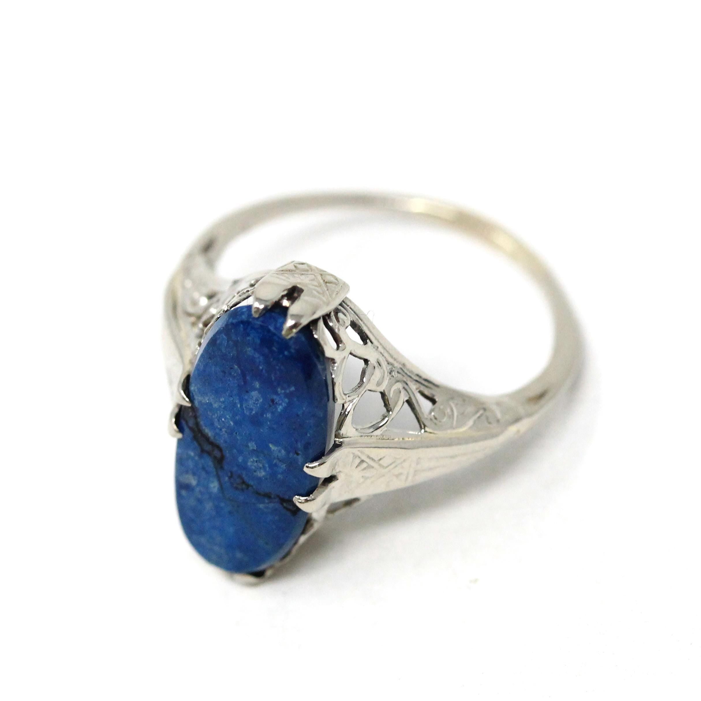 Antique Blue Jasper Ring - Art Deco 14k White Gold Natural Gemstone Statement - Vintage Circa 1920s Era Size 6 1/4 Filigree Fine 20s Jewelry