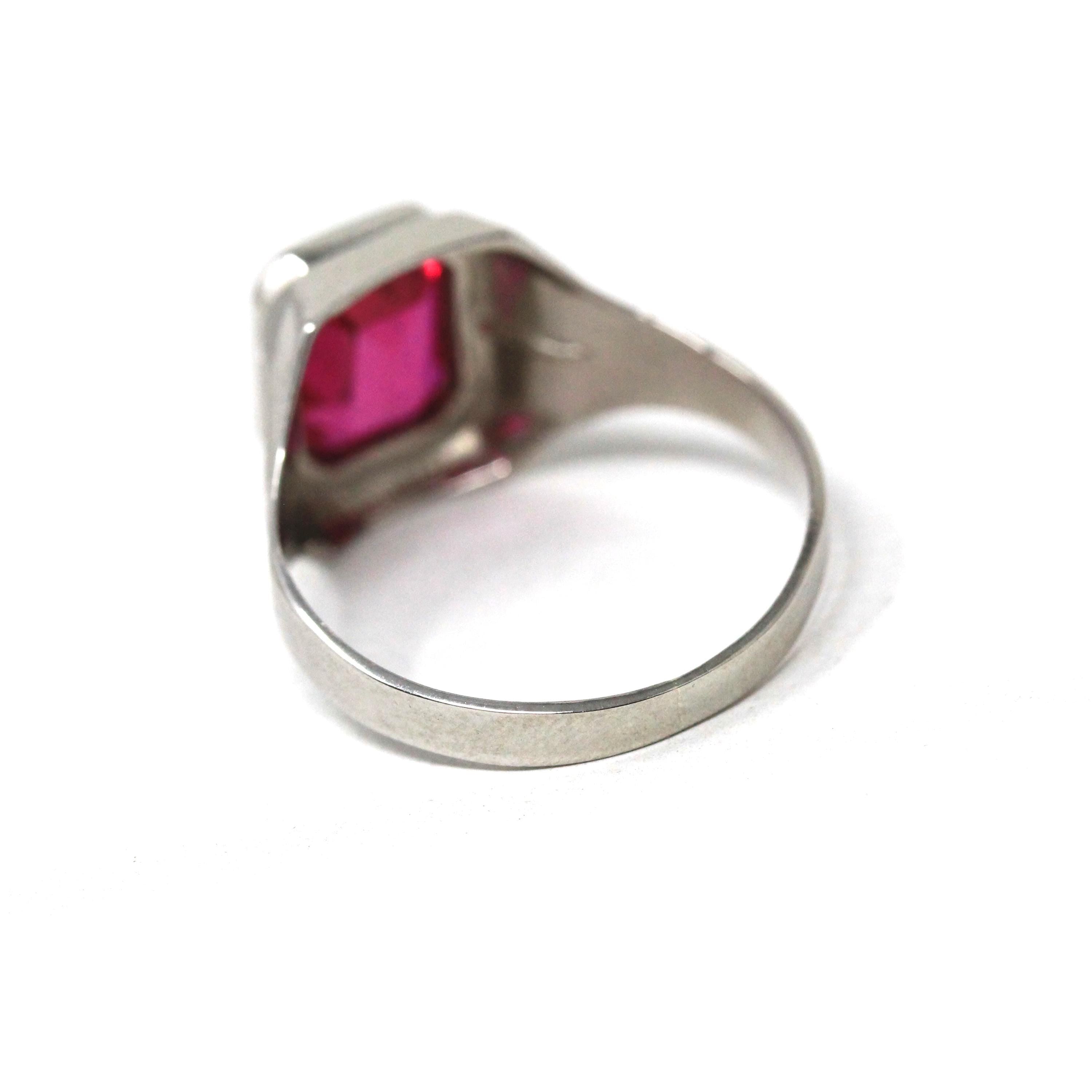 Art Deco Ring - Vintage 10k White Gold Created Red Ruby Men's Unisex Ring - Circa 1930s Size 10 July Birthstone Statement Fine 30s Jewelry