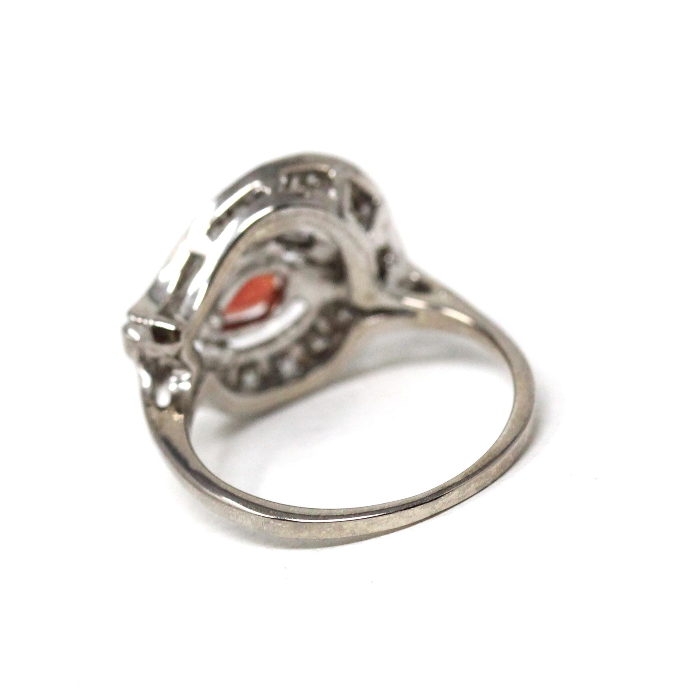 Vintage Cocktail Ring - Mid Century 14k White Gold Natural Garnet Diamonds Statement - Circa 1950s Era Size 4 3/4 Cluster Swirl Fine Jewelry