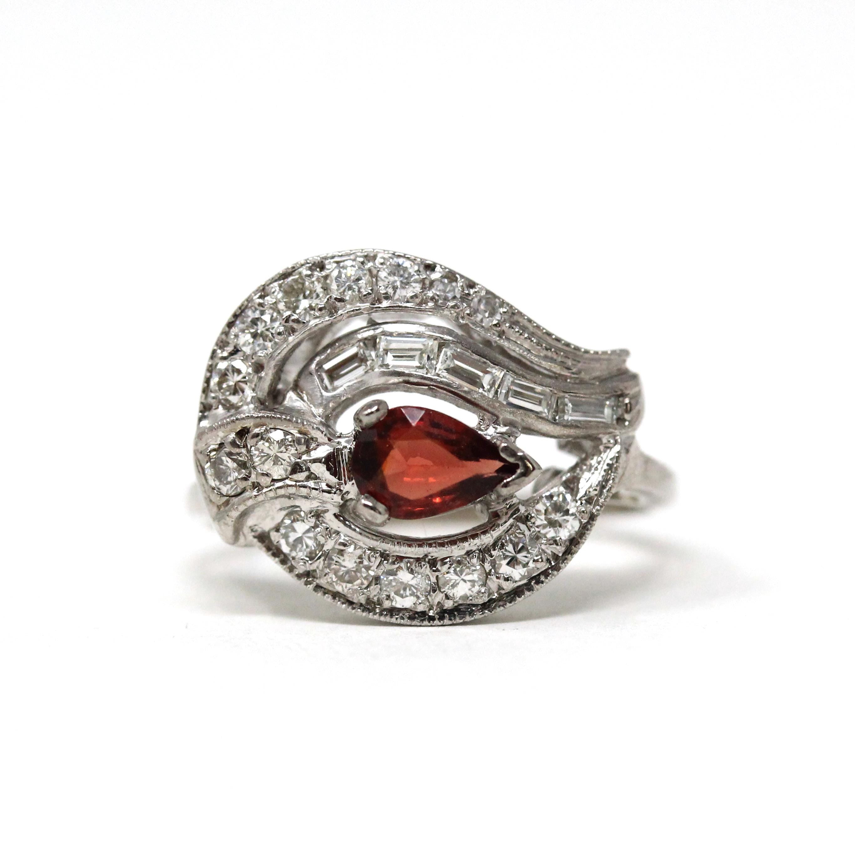 Vintage Cocktail Ring - Mid Century 14k White Gold Natural Garnet Diamonds Statement - Circa 1950s Era Size 4 3/4 Cluster Swirl Fine Jewelry