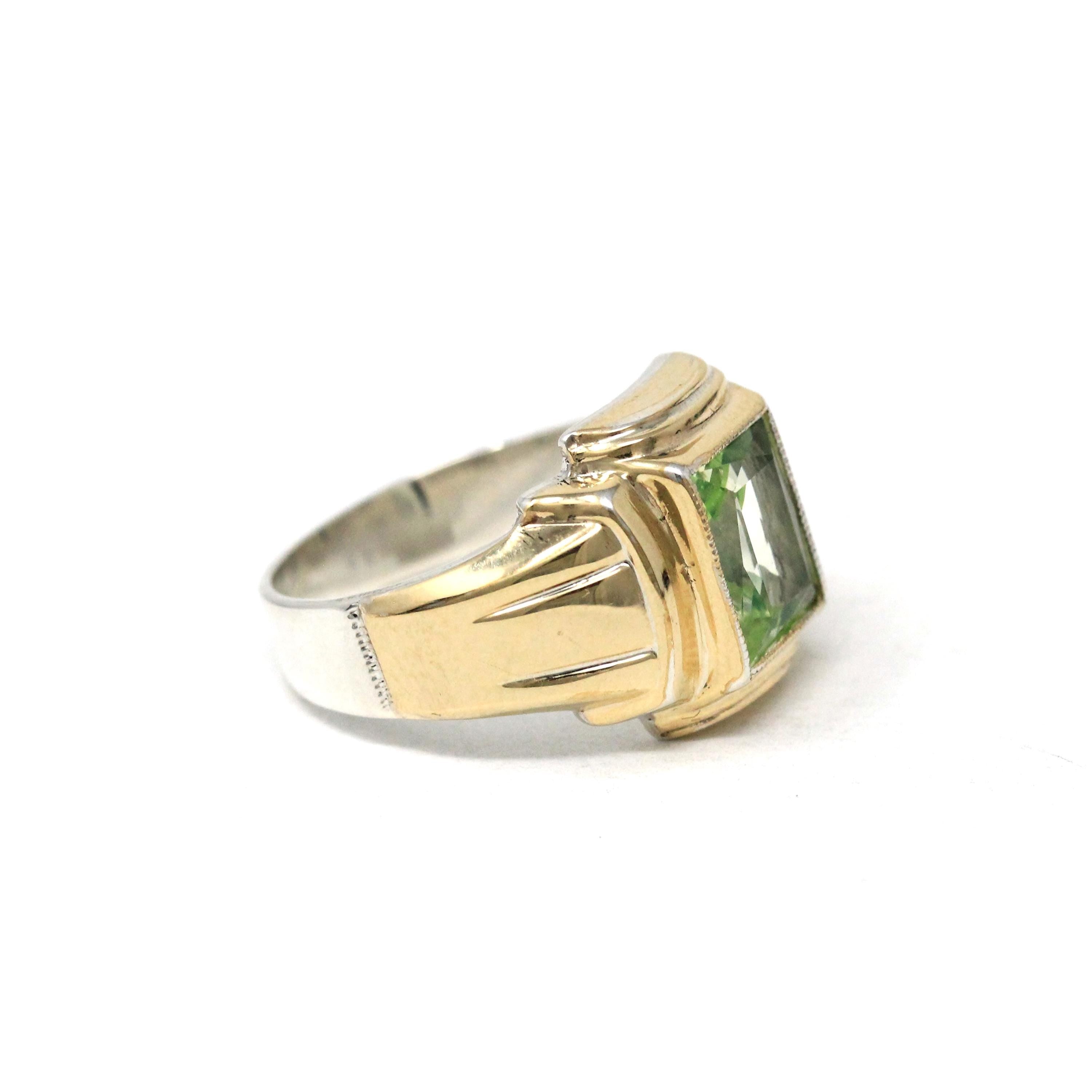 Created Spinel Ring - Retro Sterling Silver & 10k Gold Rectangular Faceted Cut Pale Green Stone - Circa 1940s Era Size 9 Statement Jewelry