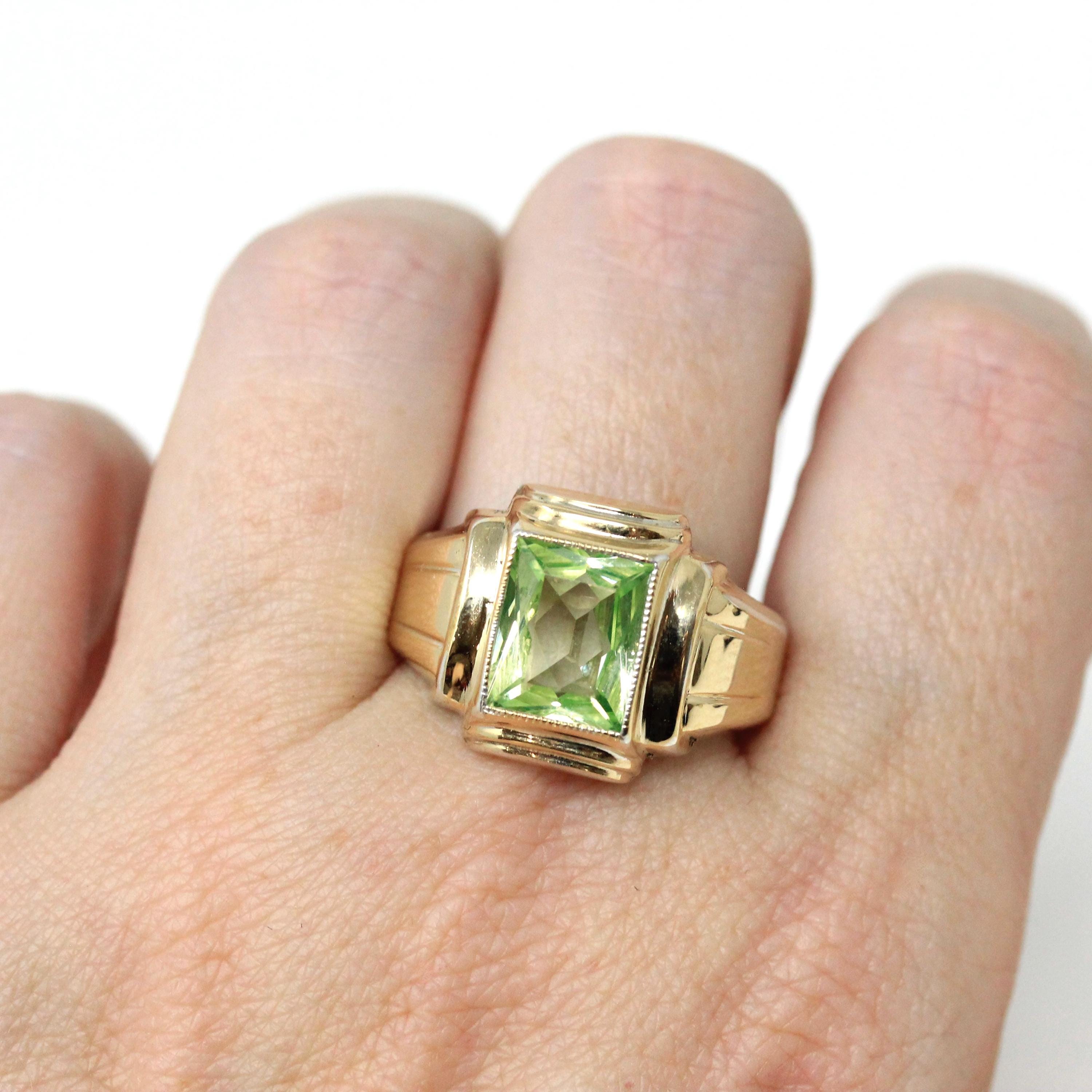 Created Spinel Ring - Retro Sterling Silver & 10k Gold Rectangular Faceted Cut Pale Green Stone - Circa 1940s Era Size 9 Statement Jewelry