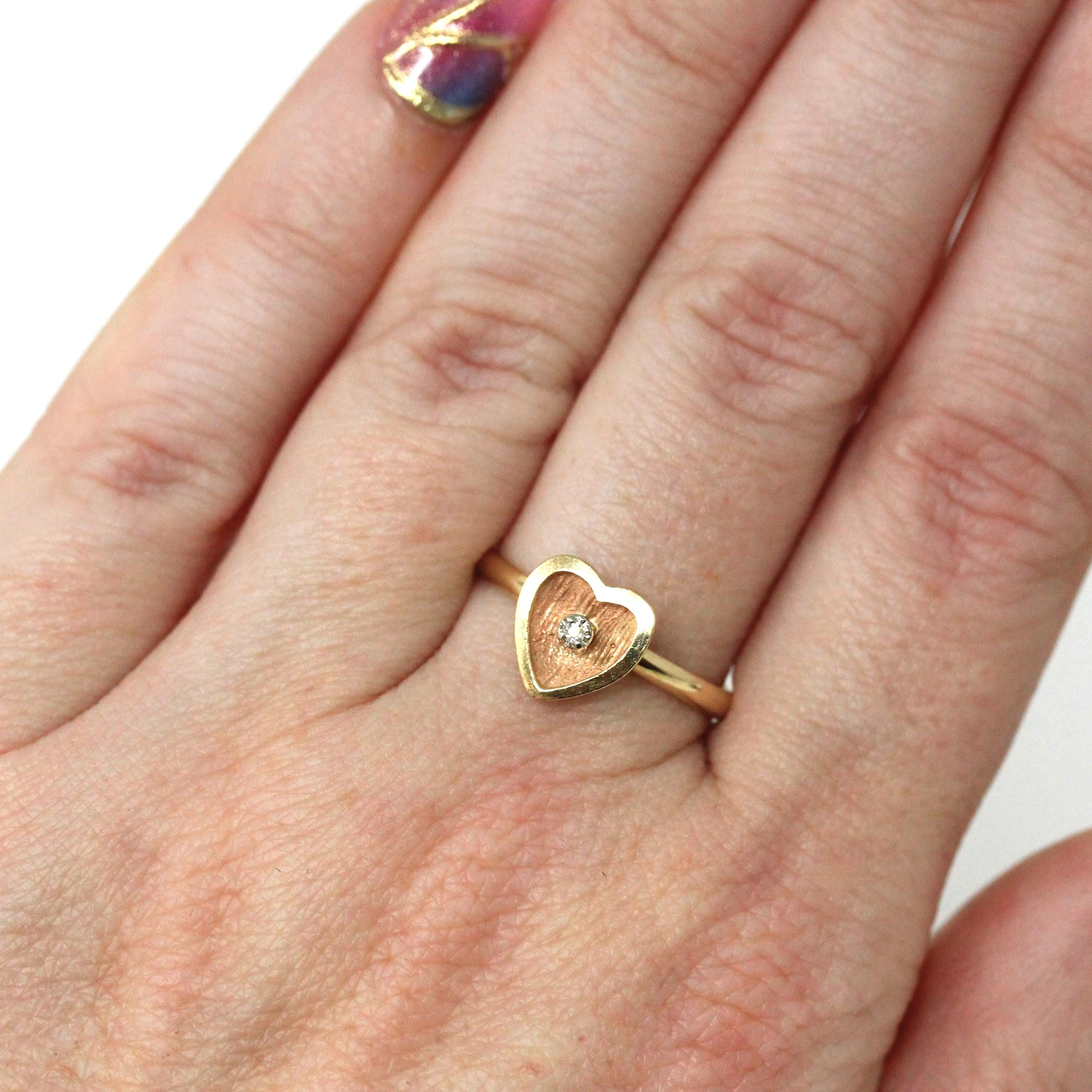 Diamond Heart Ring - Estate 14k Yellow Gold Natural .01 CT Gemstone - Modern Circa 1990's Era Size 6 3/4 Florentine Finish Love Fine Jewelry