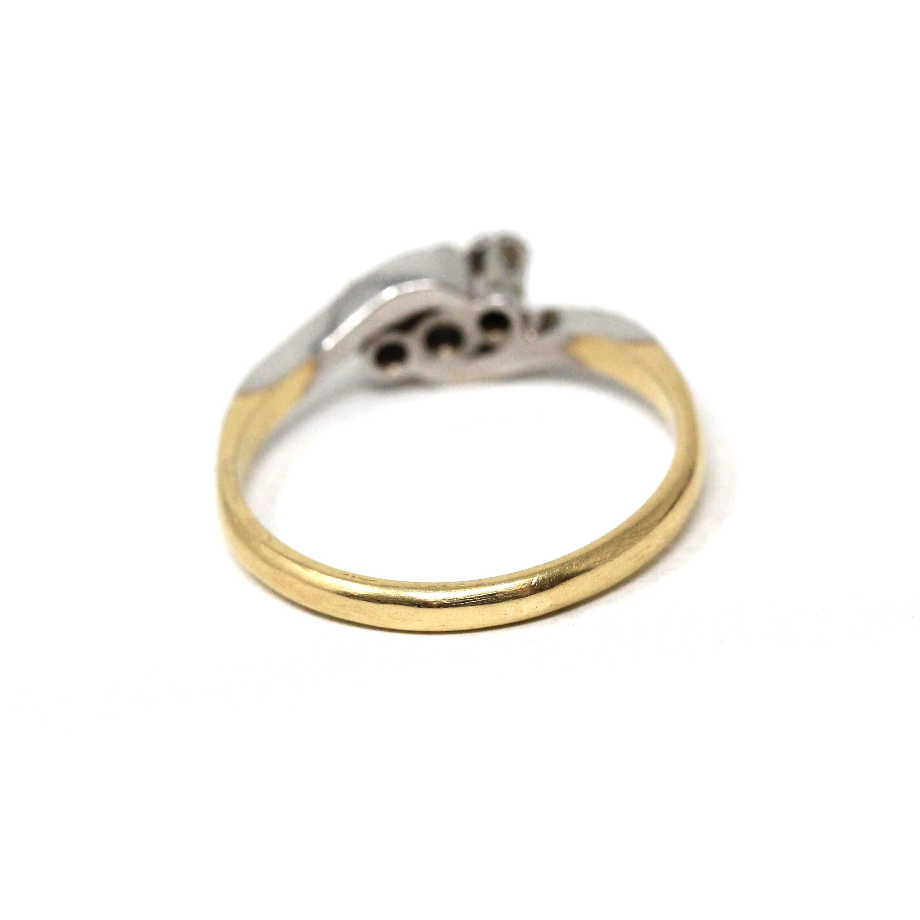 Diamond Bypass Ring - Retro 18k Yellow Gold & Platinum Natural Gemstone Bypass Band - Circa 1970s Era Size 7 1/4 Fine Engagement Jewelry