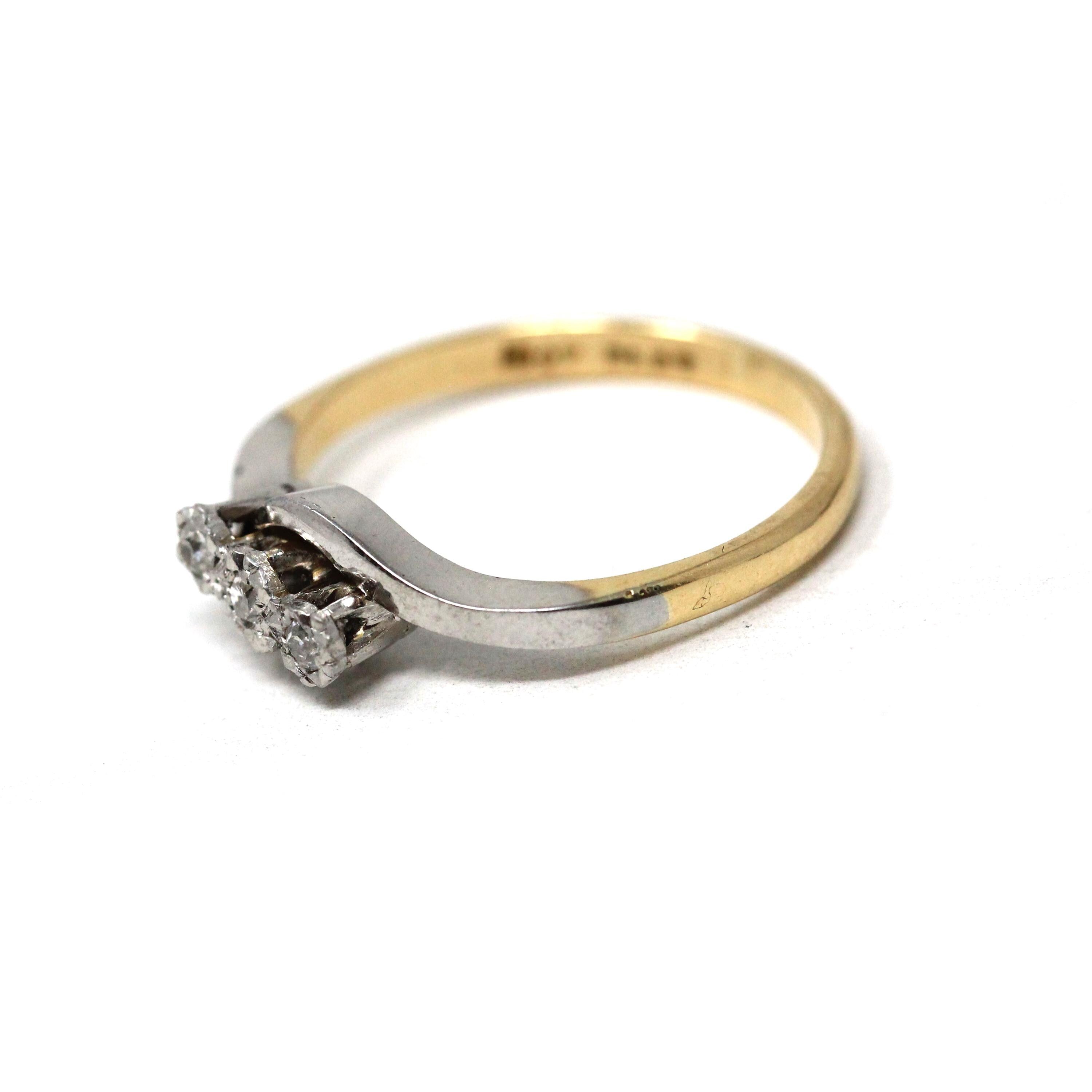 Diamond Bypass Ring - Retro 18k Yellow Gold & Platinum Natural Gemstone Bypass Band - Circa 1970s Era Size 7 1/4 Fine Engagement Jewelry