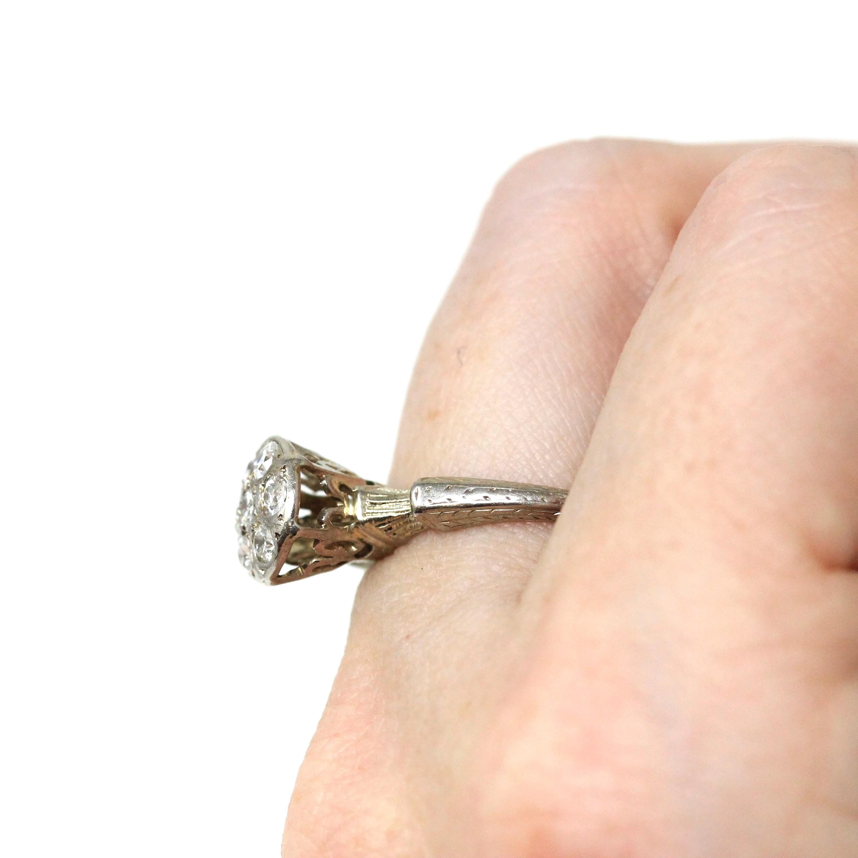 Art Deco Flower Ring - Vintage 14k White Gold Diamond 0.42 CTW Gemstone - Circa 1930s Era Size 7 1/2 Wheat Engraved Fine Statement Jewelry