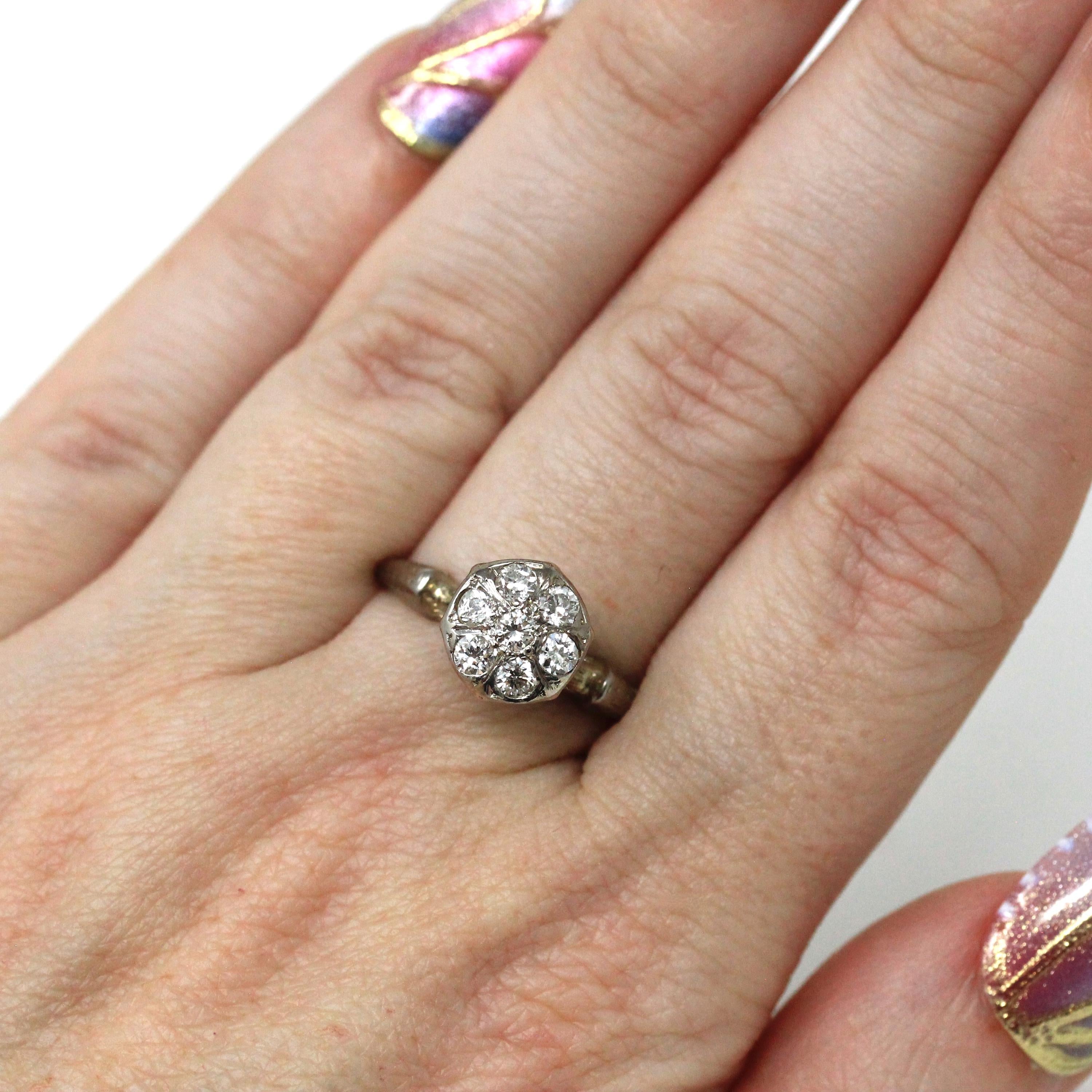 Art Deco Flower Ring - Vintage 14k White Gold Diamond 0.42 CTW Gemstone - Circa 1930s Era Size 7 1/2 Wheat Engraved Fine Statement Jewelry