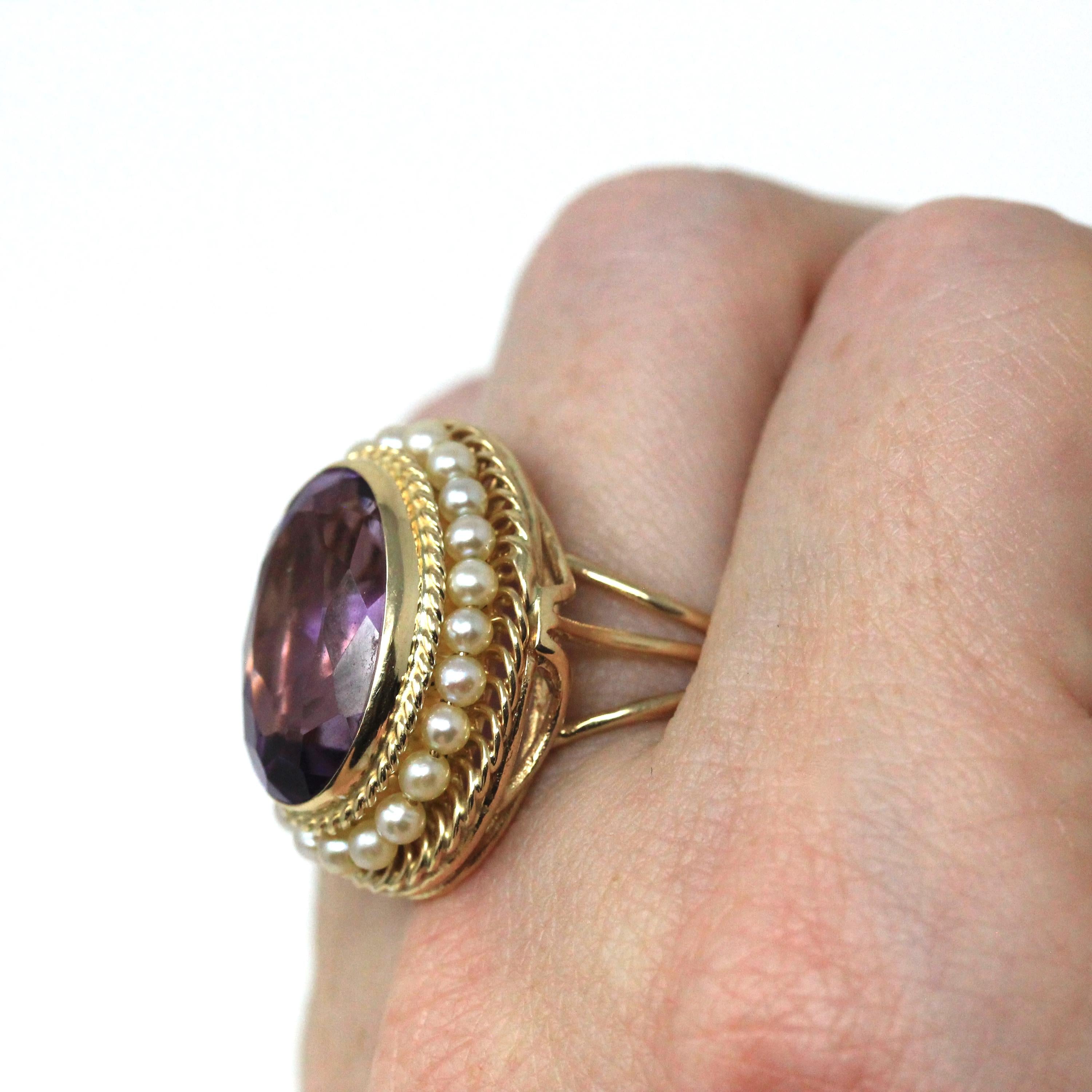 Mid Century Amethyst Ring - Vintage 14k Yellow Gold Purple Gemstone - Circa 1940s Era Size 7 3/4 Seed Pearl Halo Fine Statement Jewelry