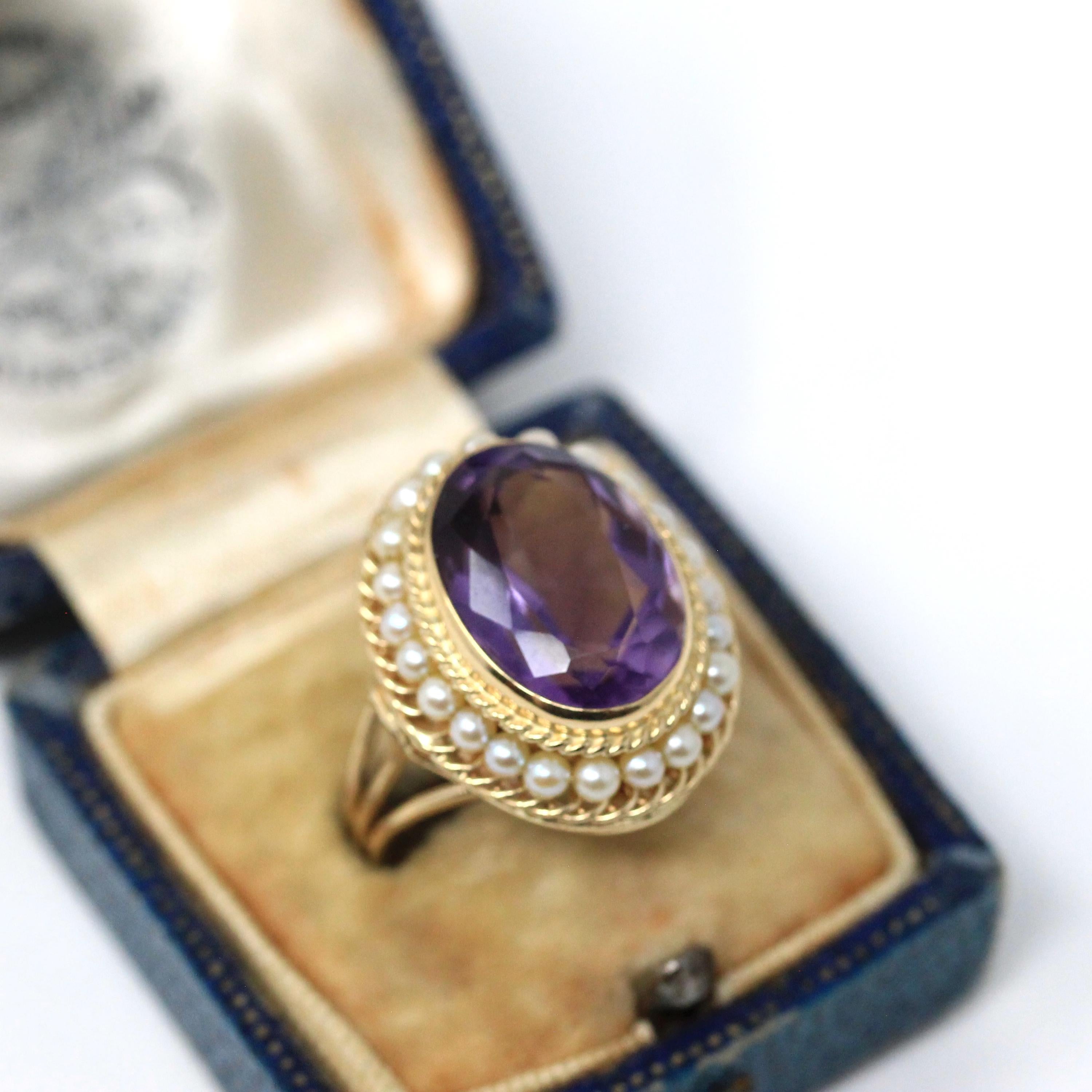 Mid Century Amethyst Ring - Vintage 14k Yellow Gold Purple Gemstone - Circa 1940s Era Size 7 3/4 Seed Pearl Halo Fine Statement Jewelry