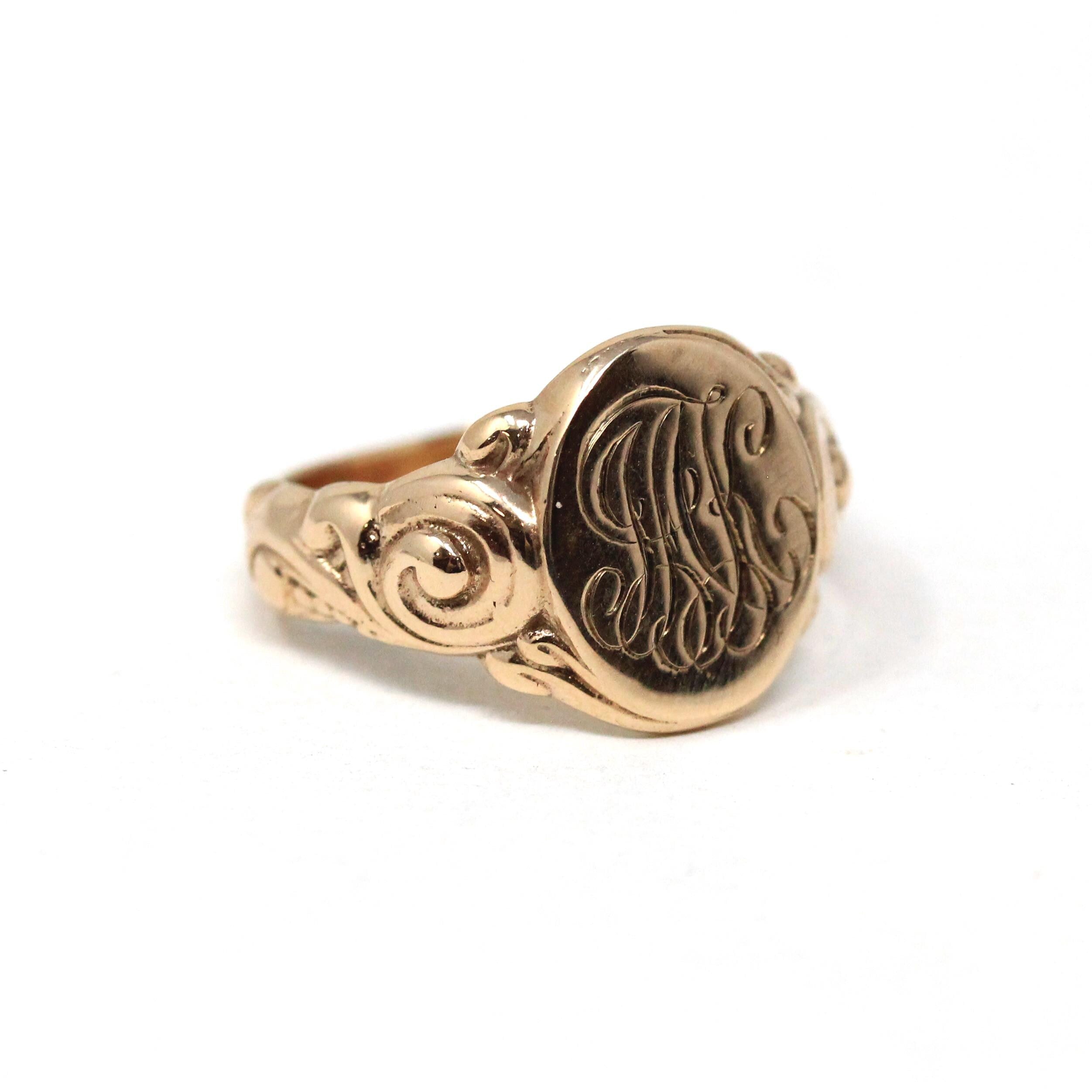 Edwardian Signet Ring - Antique 10k Rosy Yellow Gold JAK Engraved Monogram Initials - Art Nouveau 1910s Era Size 6 1/2 Fine Scroll Jewelry