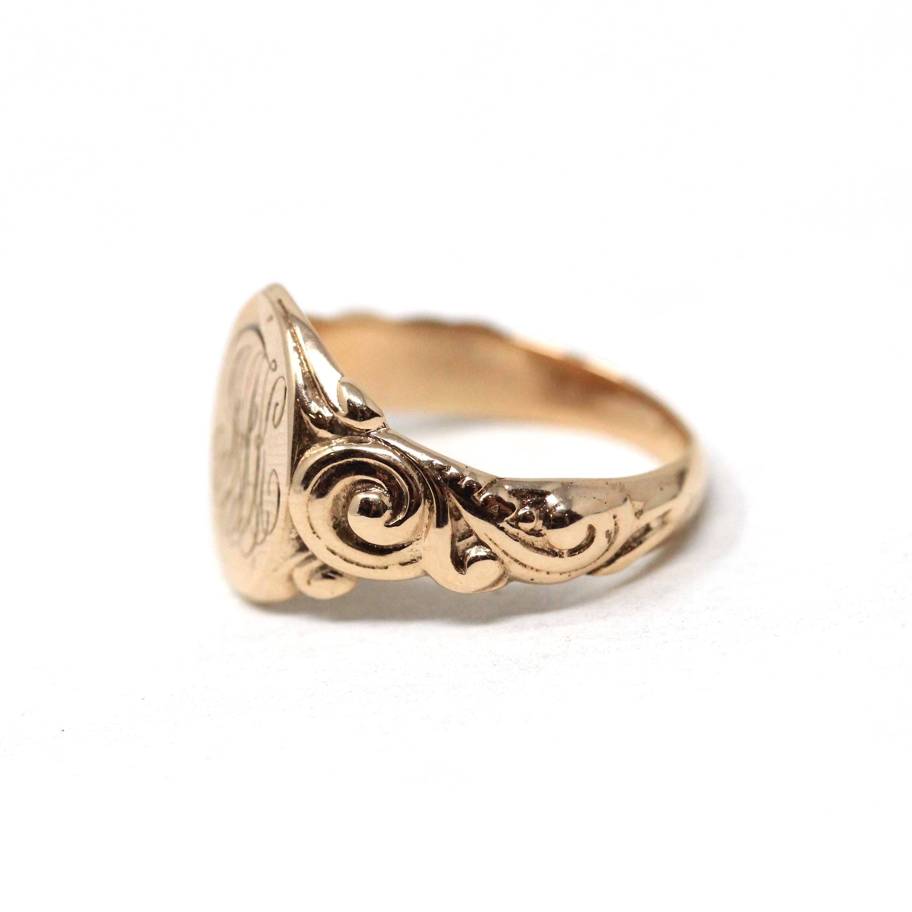 Edwardian Signet Ring - Antique 10k Rosy Yellow Gold JAK Engraved Monogram Initials - Art Nouveau 1910s Era Size 6 1/2 Fine Scroll Jewelry
