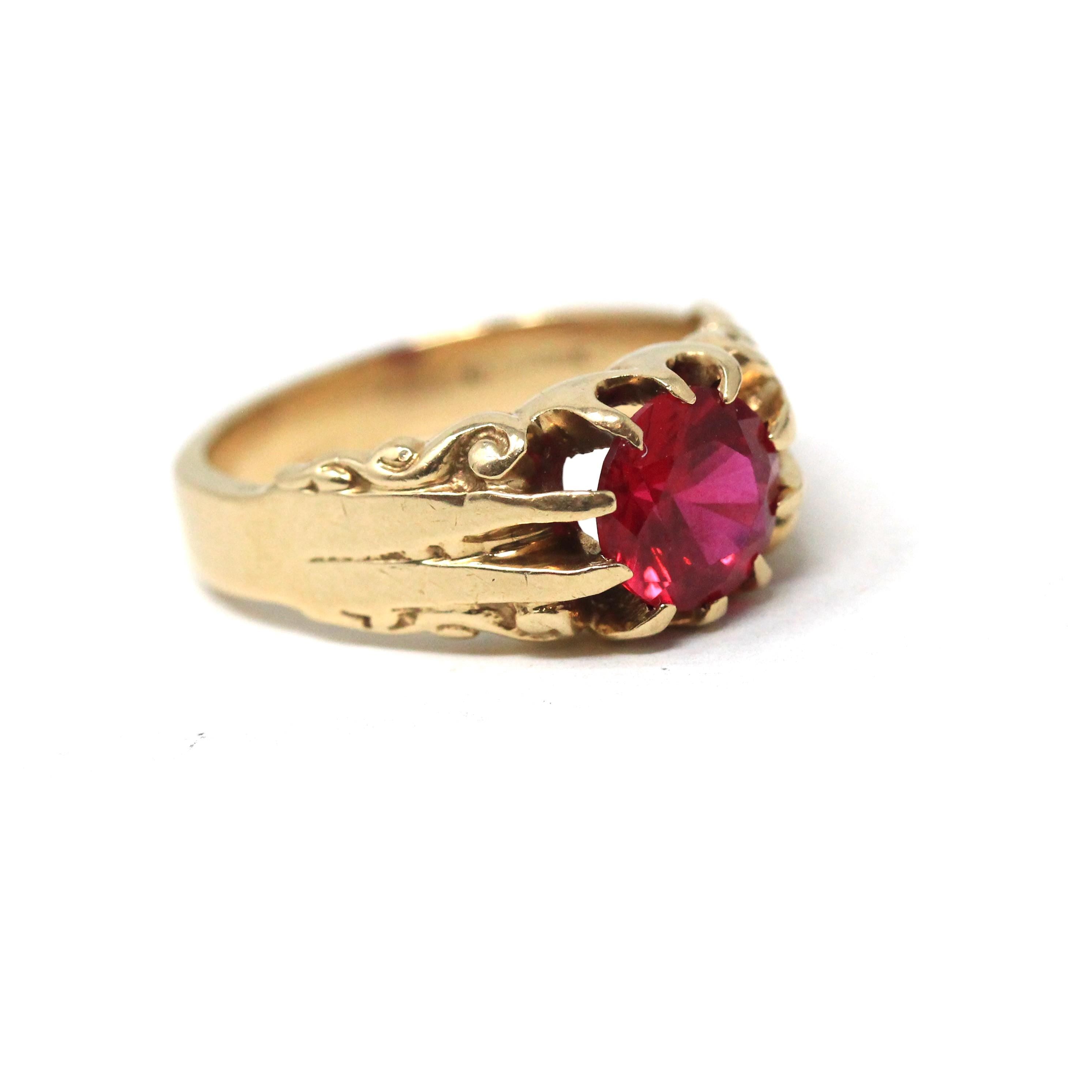 Created Ruby Ring - Mid Century 10k Yellow Gold Round Faceted July Birthstone - Vintage Circa 1940s Era Size 8 3/4 Statement Fine Jewelry