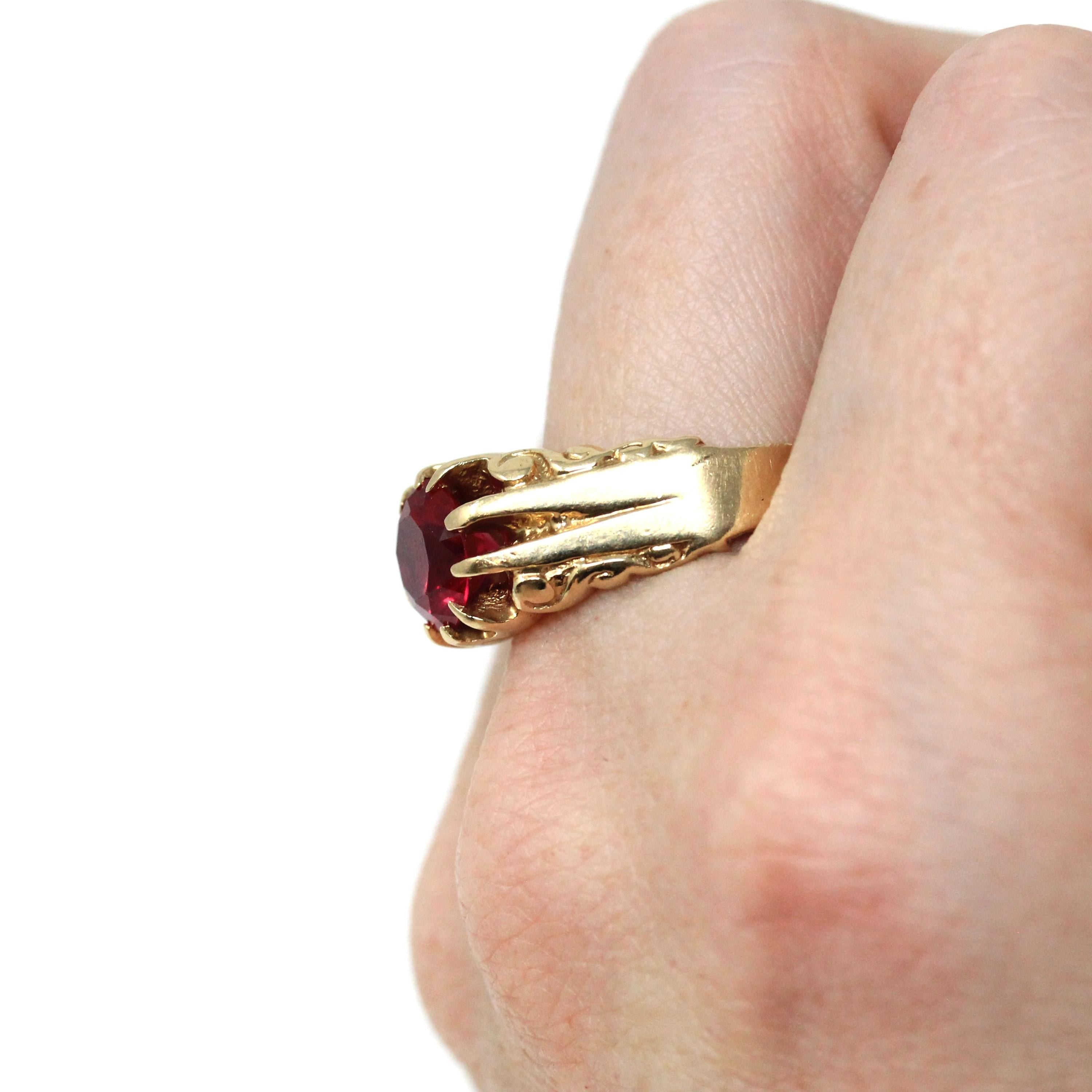 Created Ruby Ring - Mid Century 10k Yellow Gold Round Faceted July Birthstone - Vintage Circa 1940s Era Size 8 3/4 Statement Fine Jewelry