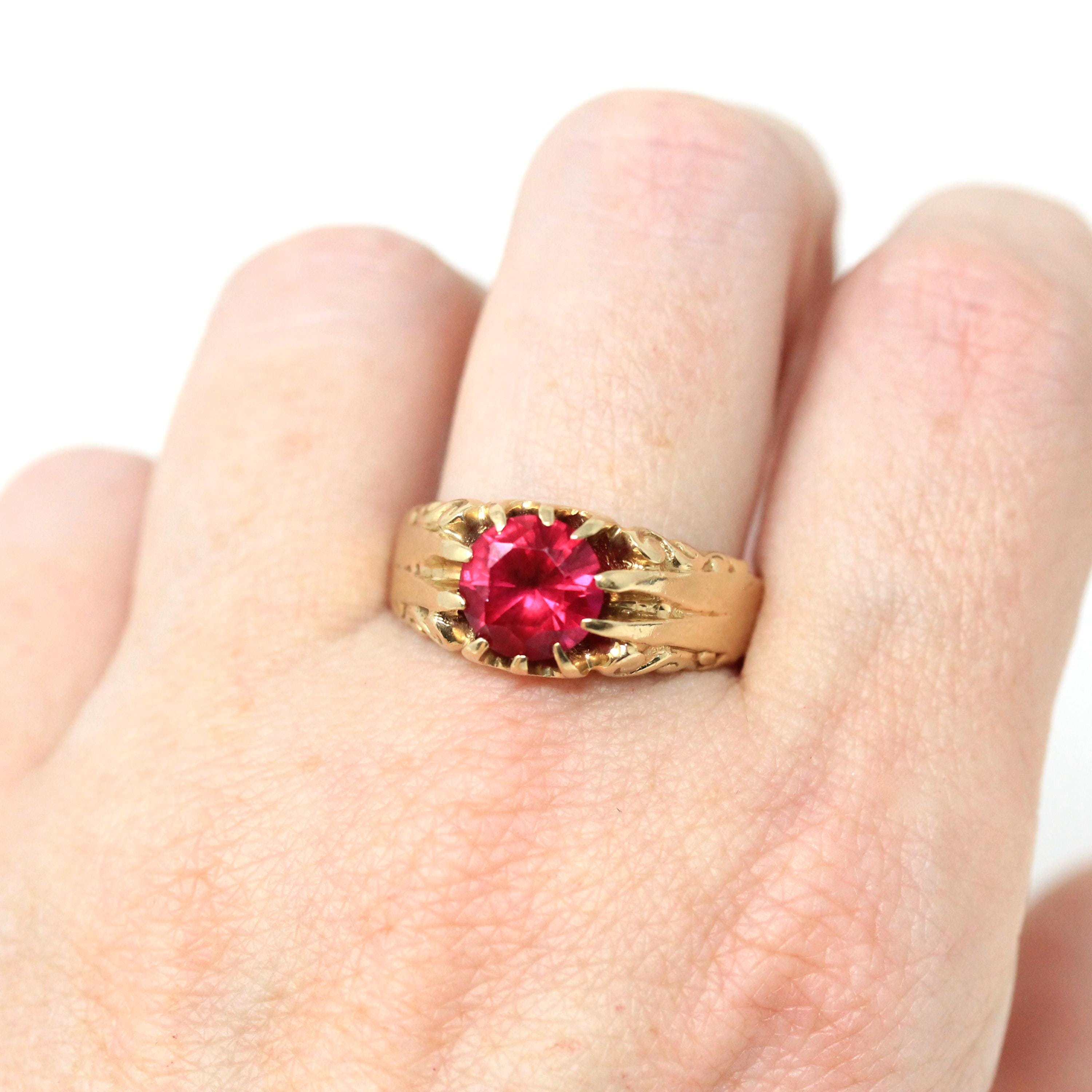 Created Ruby Ring - Mid Century 10k Yellow Gold Round Faceted July Birthstone - Vintage Circa 1940s Era Size 8 3/4 Statement Fine Jewelry
