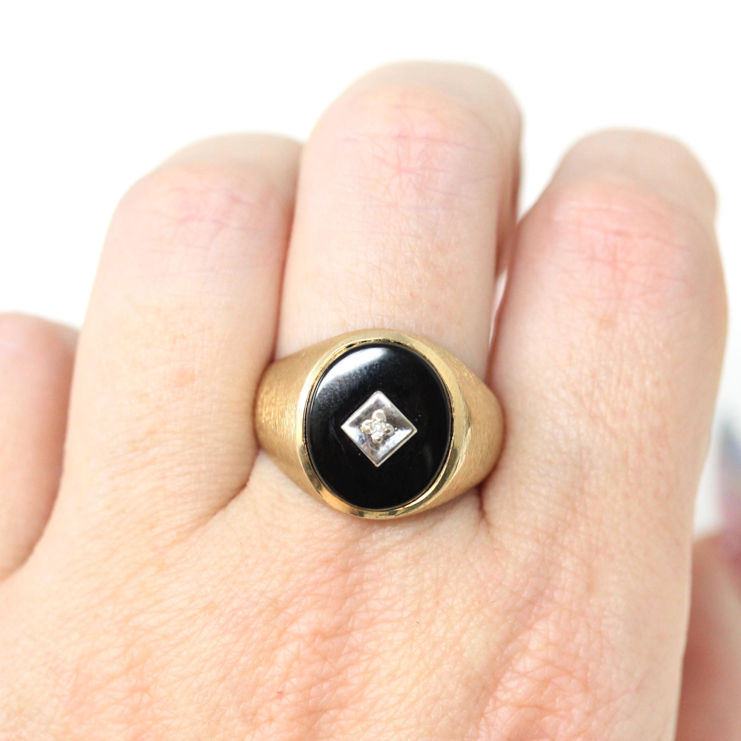 Vintage Onyx Ring - Retro 10k Yellow Gold Black Oval Gemstone & Diamond Statement - Circa 1960s Era Size 7 1/4 Two Tone Fine 60s Jewelry