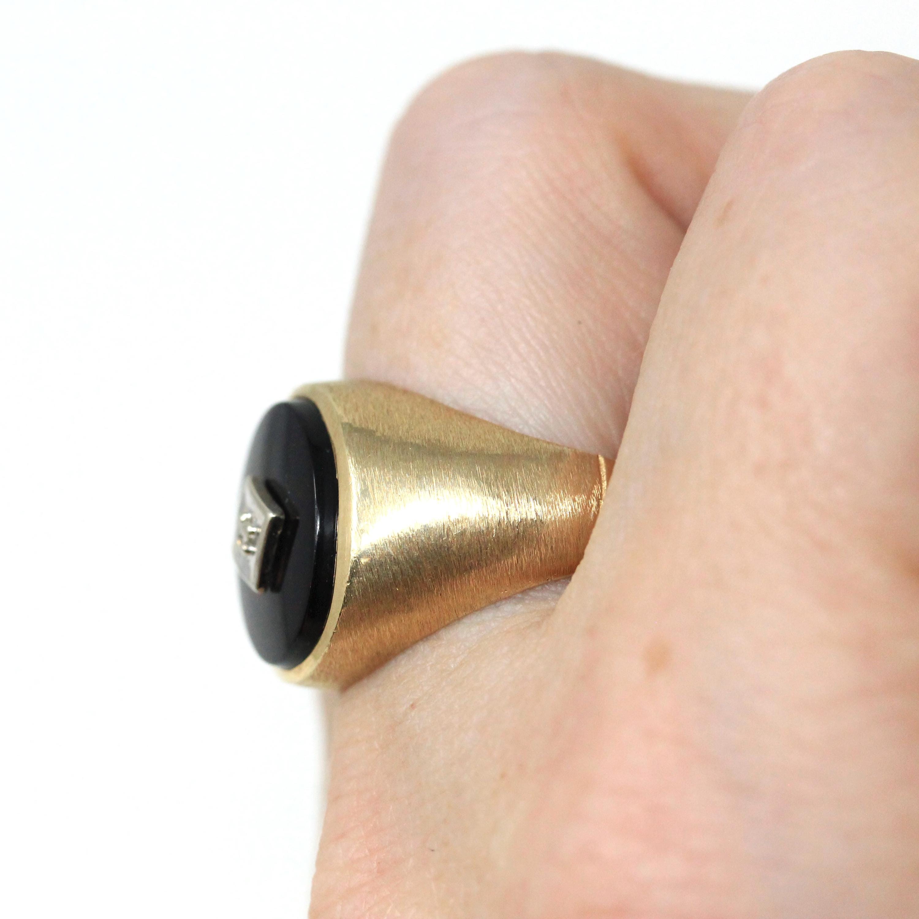 Vintage Onyx Ring - Retro 10k Yellow Gold Black Oval Gemstone & Diamond Statement - Circa 1960s Era Size 7 1/4 Two Tone Fine 60s Jewelry