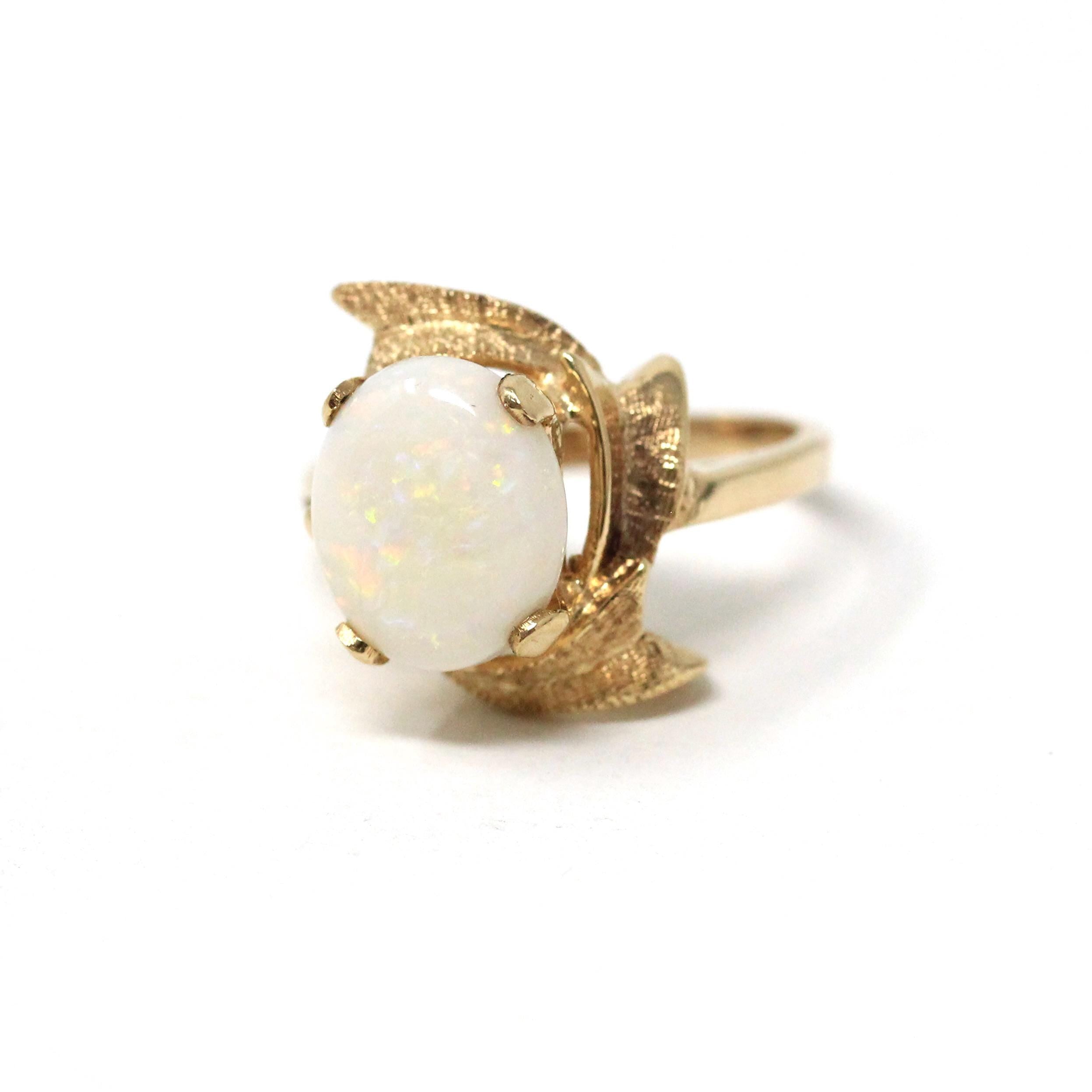 Vintage Opal Ring - Retro 14k Yellow Gold Natural Gemstone Solitaire - Circa 1970s Size 6 Swoop Leaf Design October Birthstone Fine Jewelry