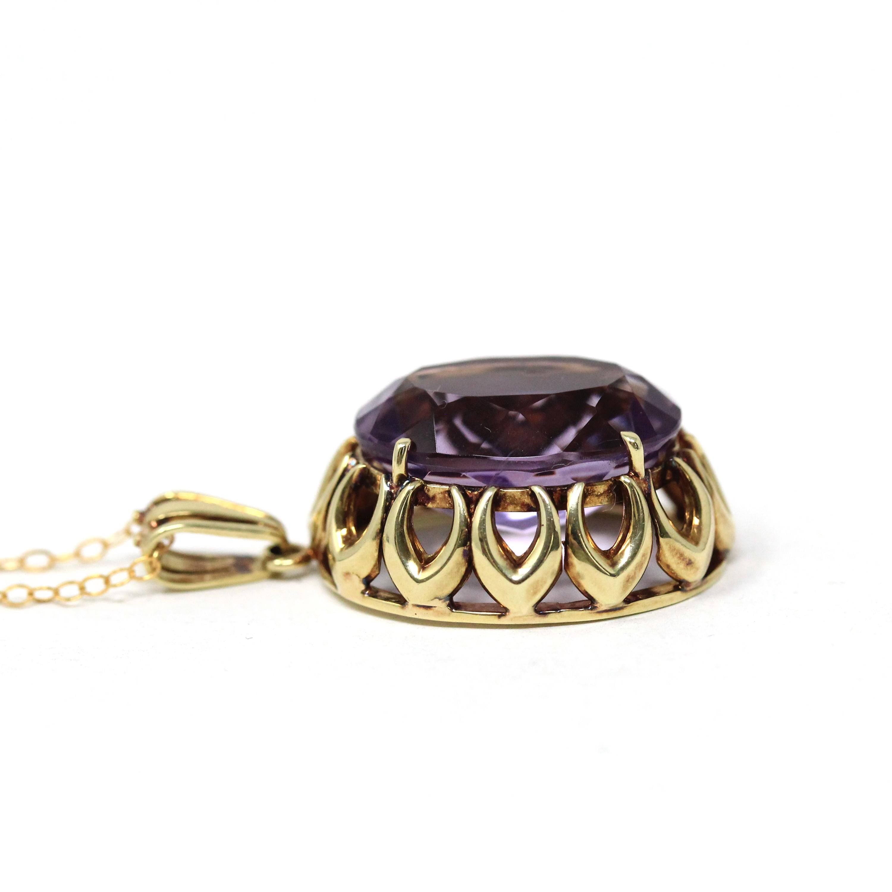 Natural Amethyst Pendant - Mid Century 14k Yellow Gold Oval Faceted Purple Gemstone Necklace - Vintage Statement February Birthstone Jewelry