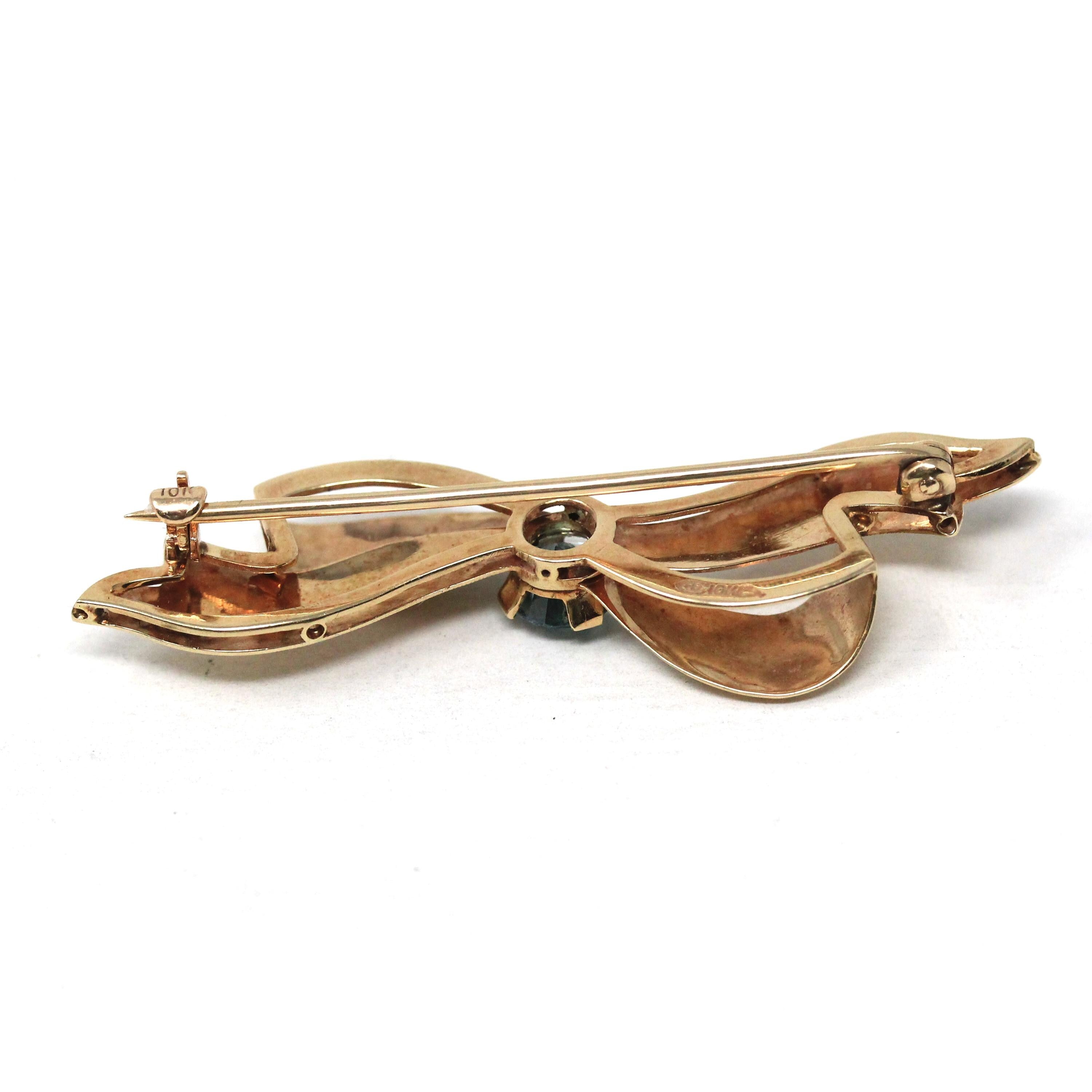 Vintage Bow Brooch - Mid Century 10k Yellow Gold Light Blue Zircon Gemstone Pin - Circa 1940s Era Figural Ribbon Fine Fashion Accessory