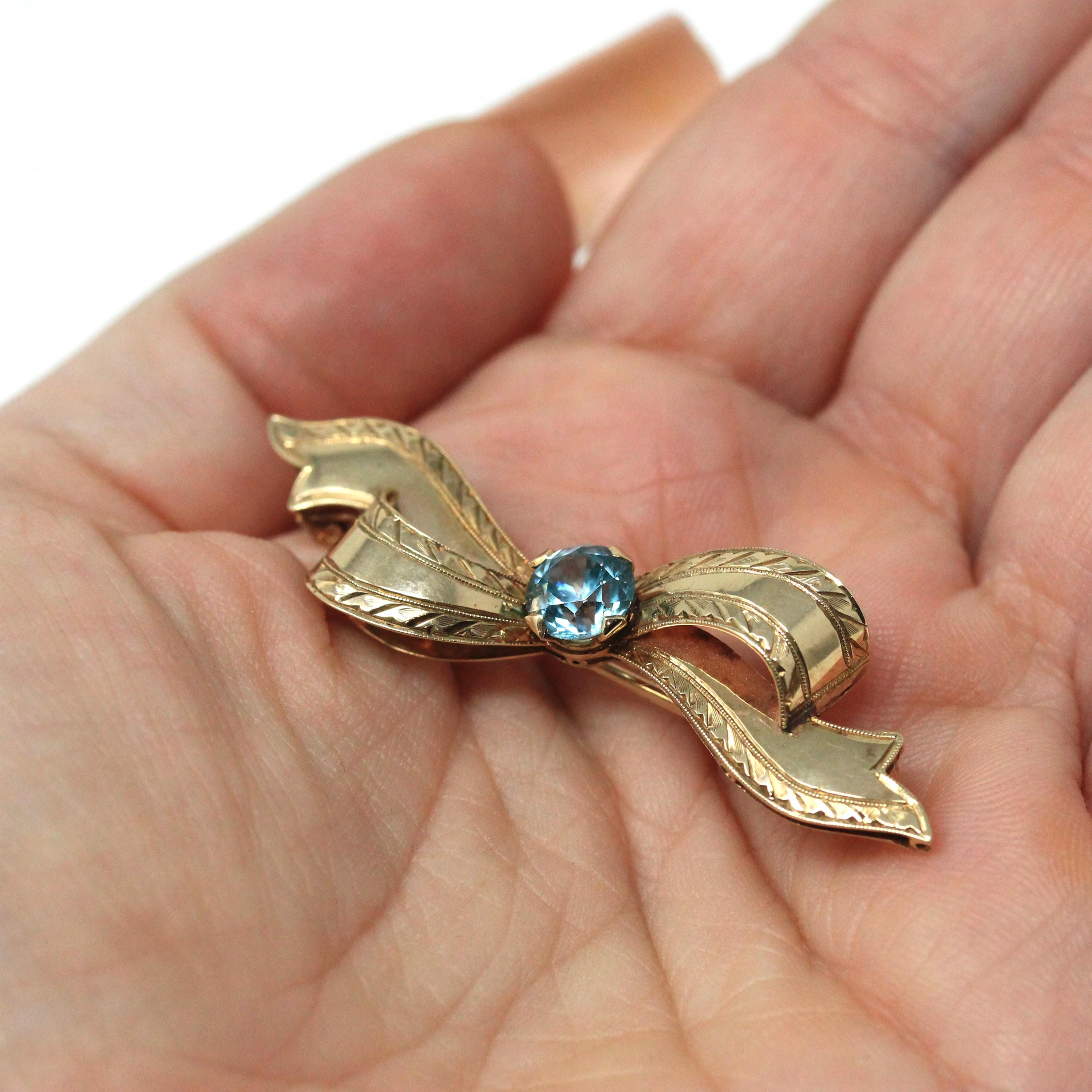 Vintage Bow Brooch - Mid Century 10k Yellow Gold Light Blue Zircon Gemstone Pin - Circa 1940s Era Figural Ribbon Fine Fashion Accessory