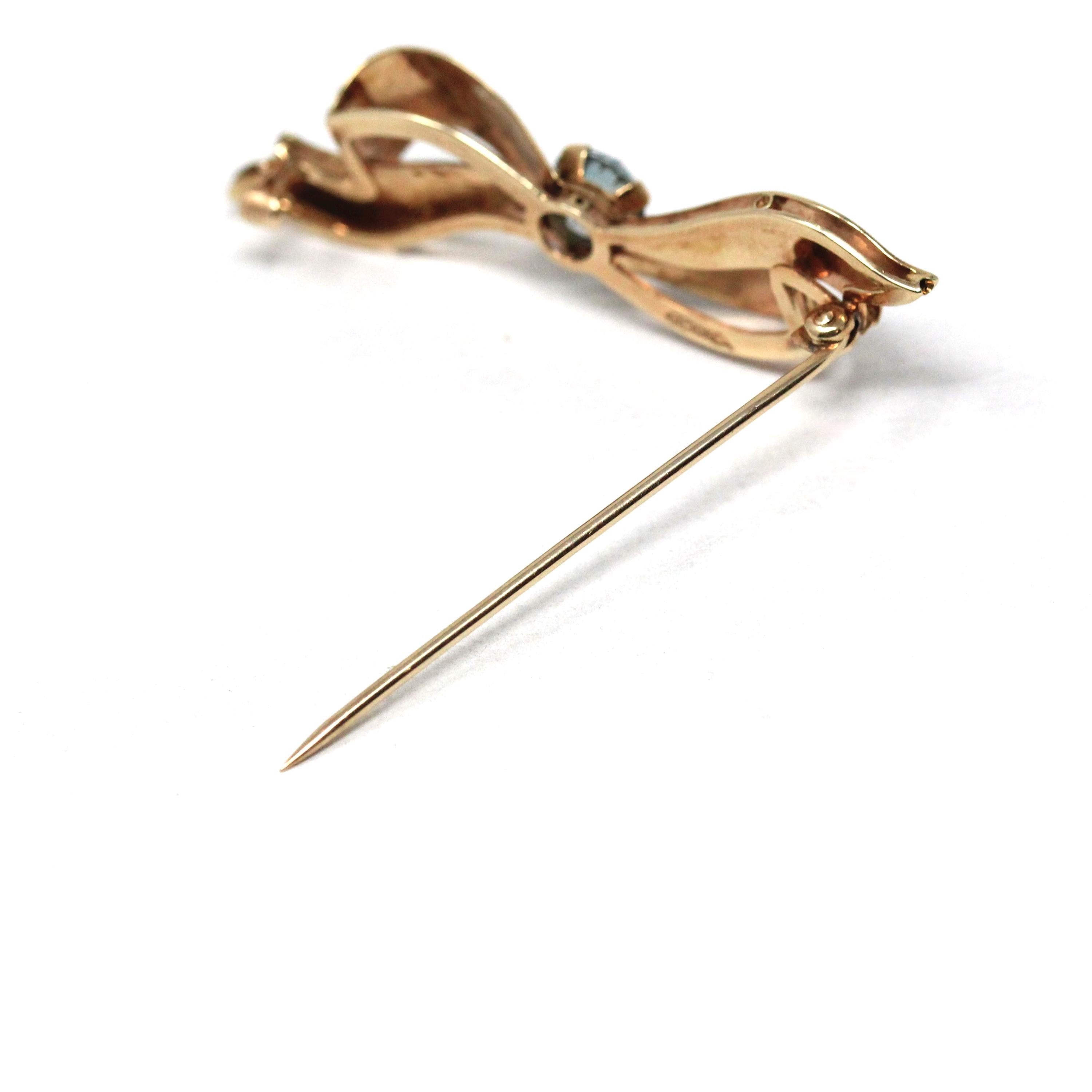 Vintage Bow Brooch - Mid Century 10k Yellow Gold Light Blue Zircon Gemstone Pin - Circa 1940s Era Figural Ribbon Fine Fashion Accessory