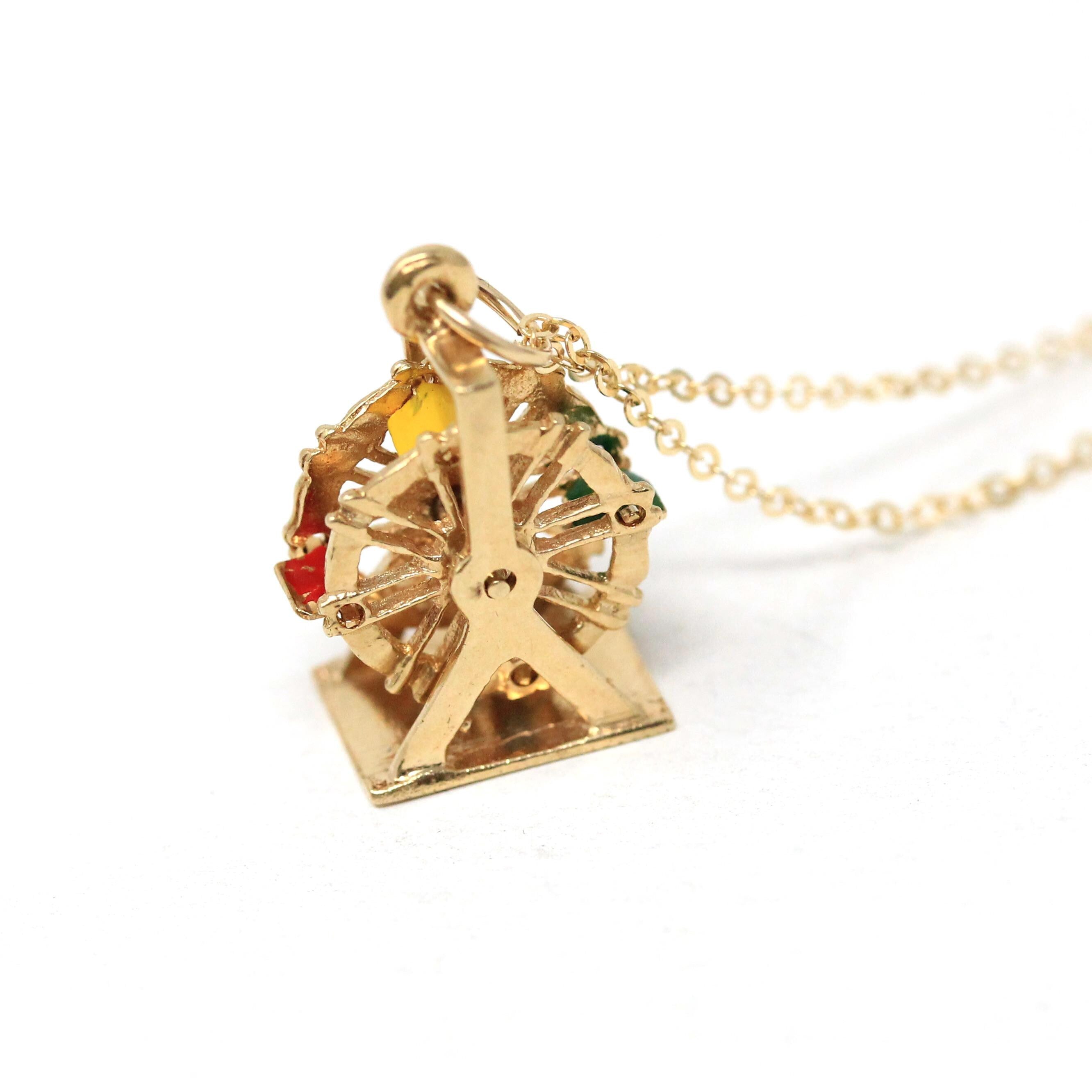 Ferris Wheel Charm - Retro Era 14k Yellow Gold & Enamel Carnival Ride Pendant Necklace - Vintage Circa 1960s Amusement Kinetic Fine Jewelry