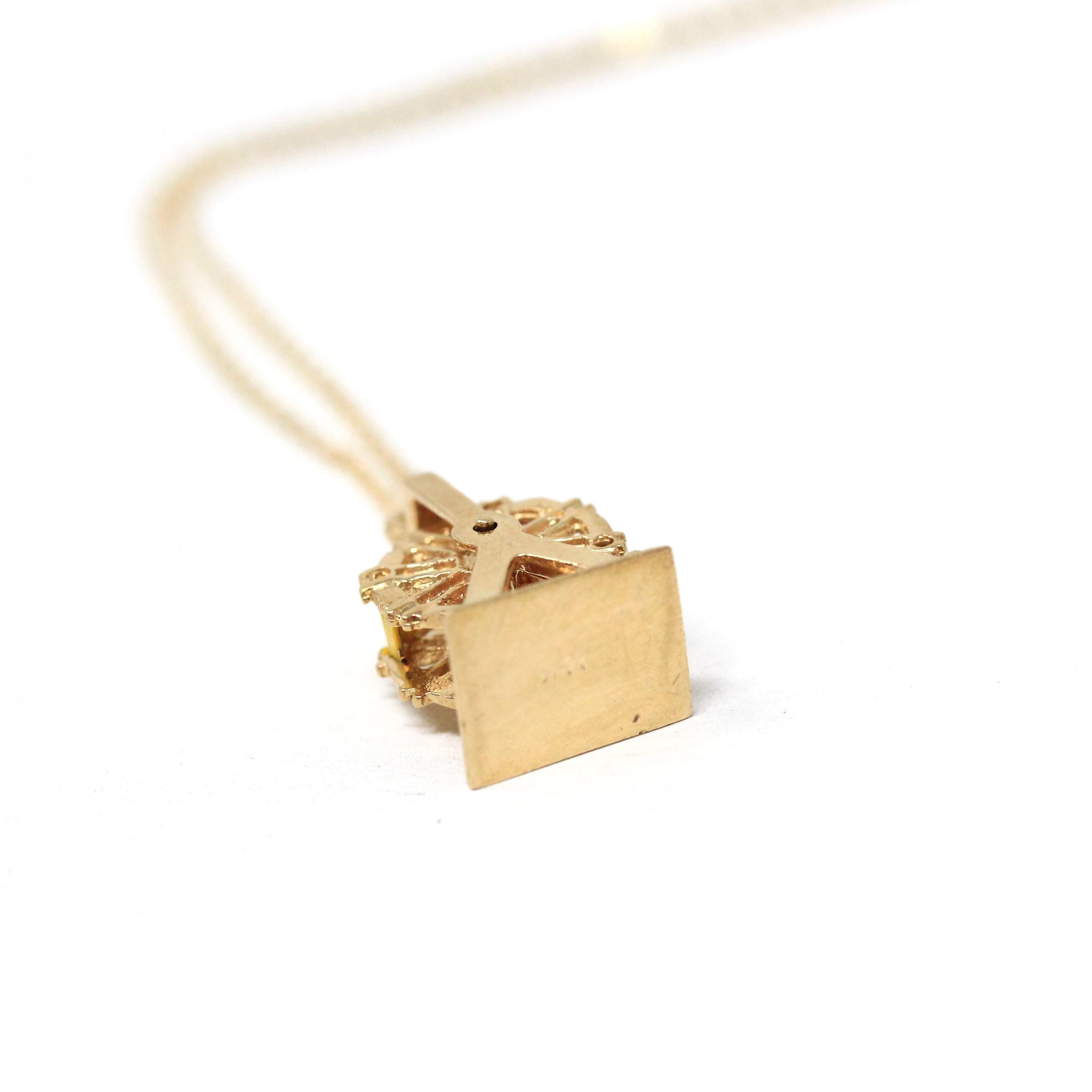 Ferris Wheel Charm - Retro Era 14k Yellow Gold & Enamel Carnival Ride Pendant Necklace - Vintage Circa 1960s Amusement Kinetic Fine Jewelry