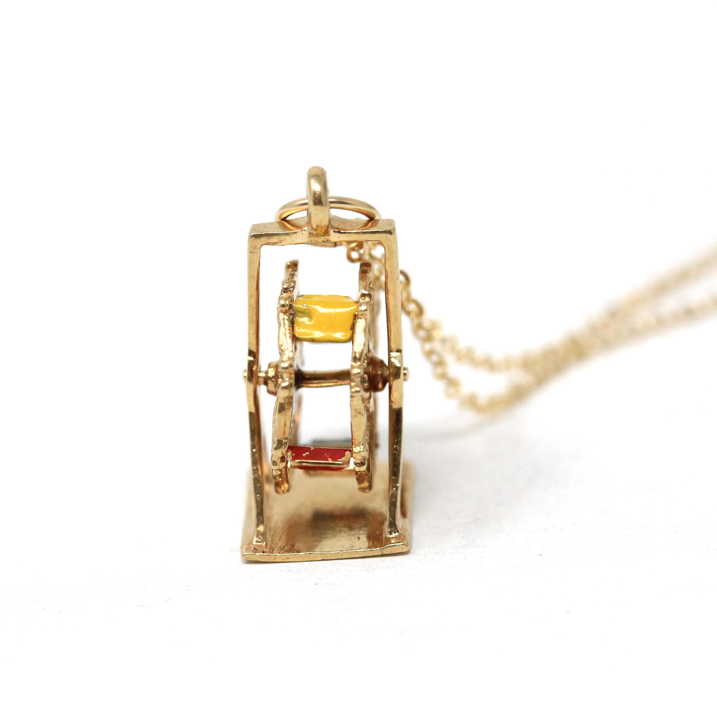 Ferris Wheel Charm - Retro Era 14k Yellow Gold & Enamel Carnival Ride Pendant Necklace - Vintage Circa 1960s Amusement Kinetic Fine Jewelry